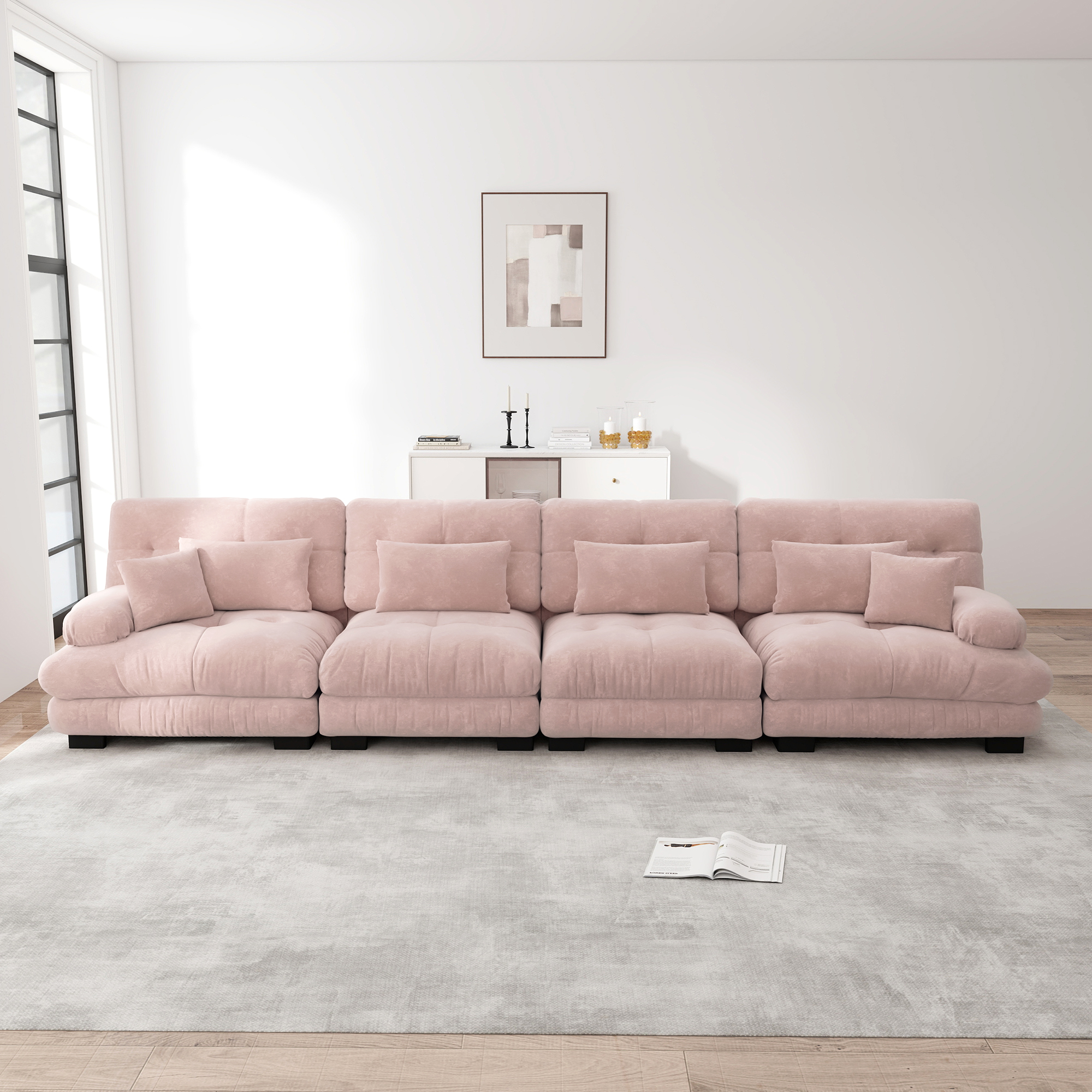 Canapé d'angle 4 places modulable avec LED intégrée et accoudoirs ronds rembourrés en chenille rose