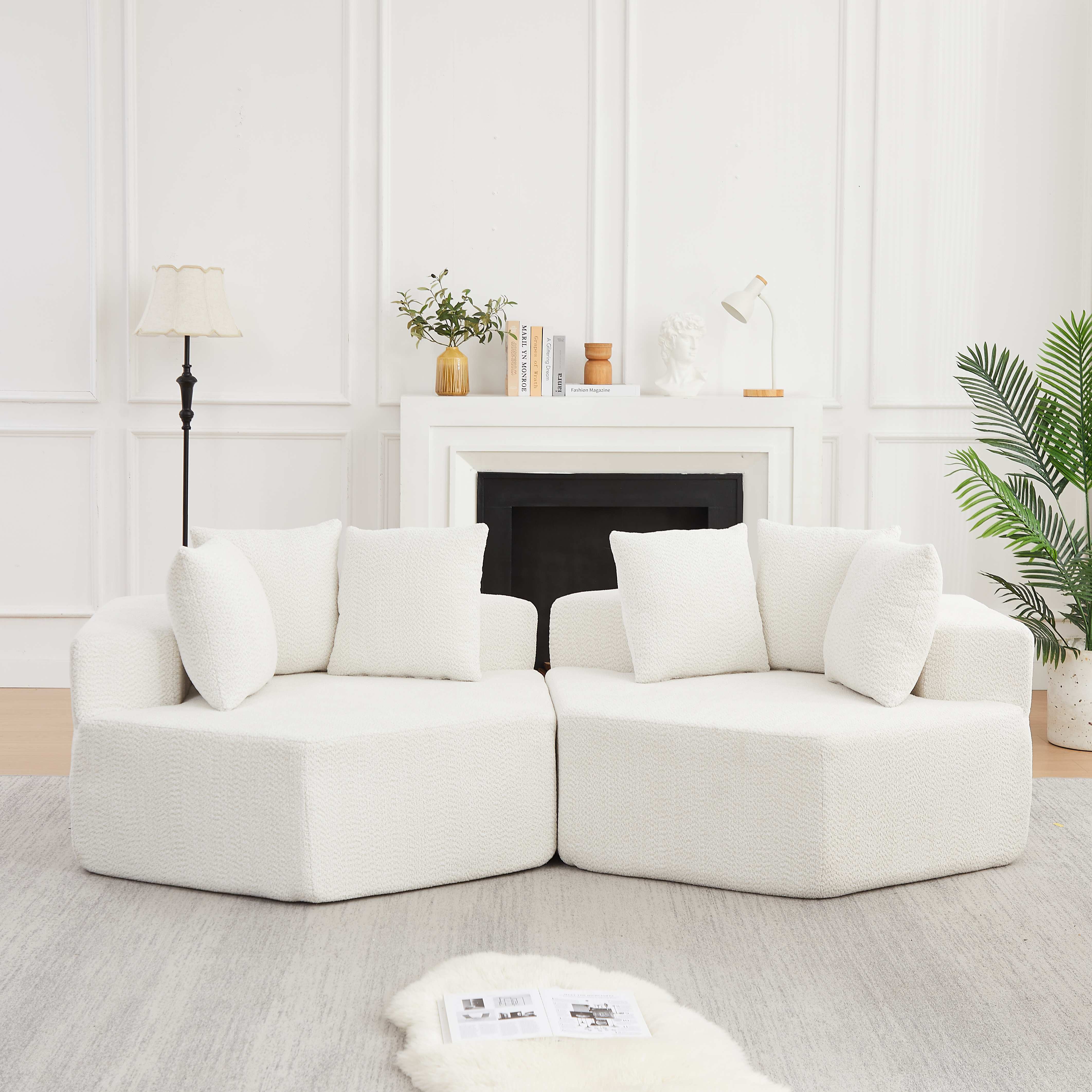 Ensemble canapé jardin ou salon, fauteuil modulaire hexagonal chenille beige avec coussins, design contemporain multifonctionnel