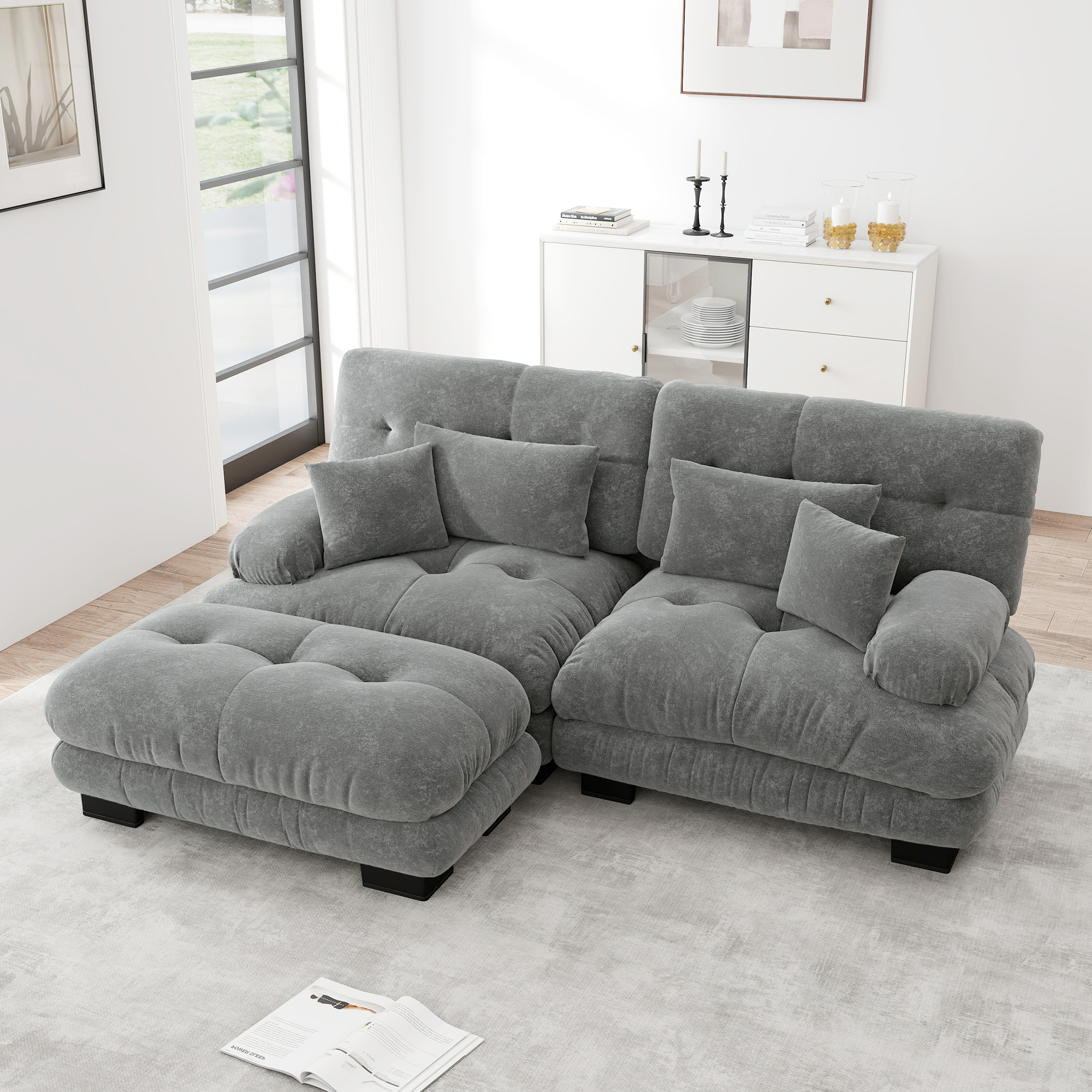 Canapé d'angle modulable en chenille gris avec ottoman et 4 coussins inclus pour salon et bureau