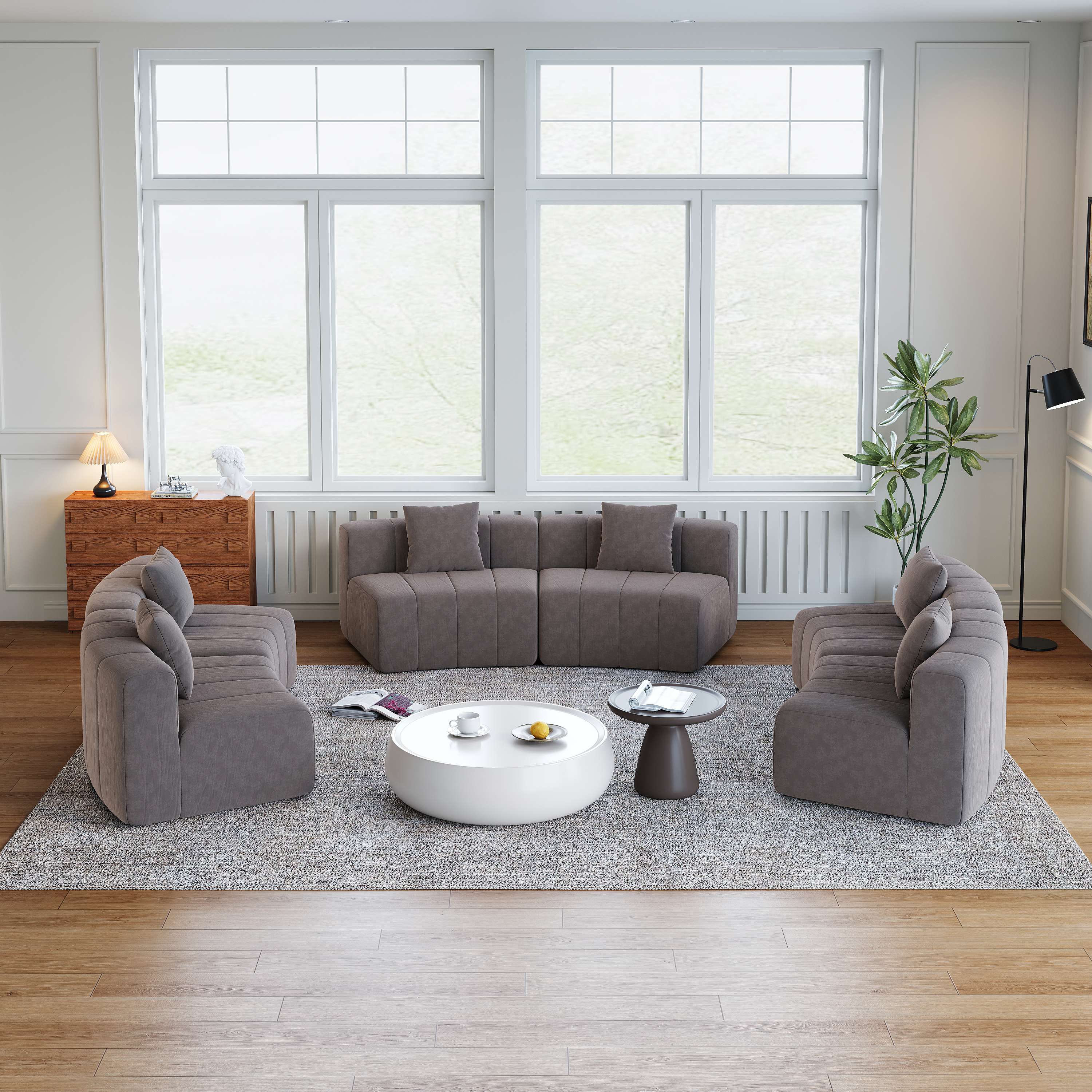 Canapé Modulable Gris en Tissu Chenille avec Coussins, Design Courbe Style Piano pour Salon Contemporain et Bureau