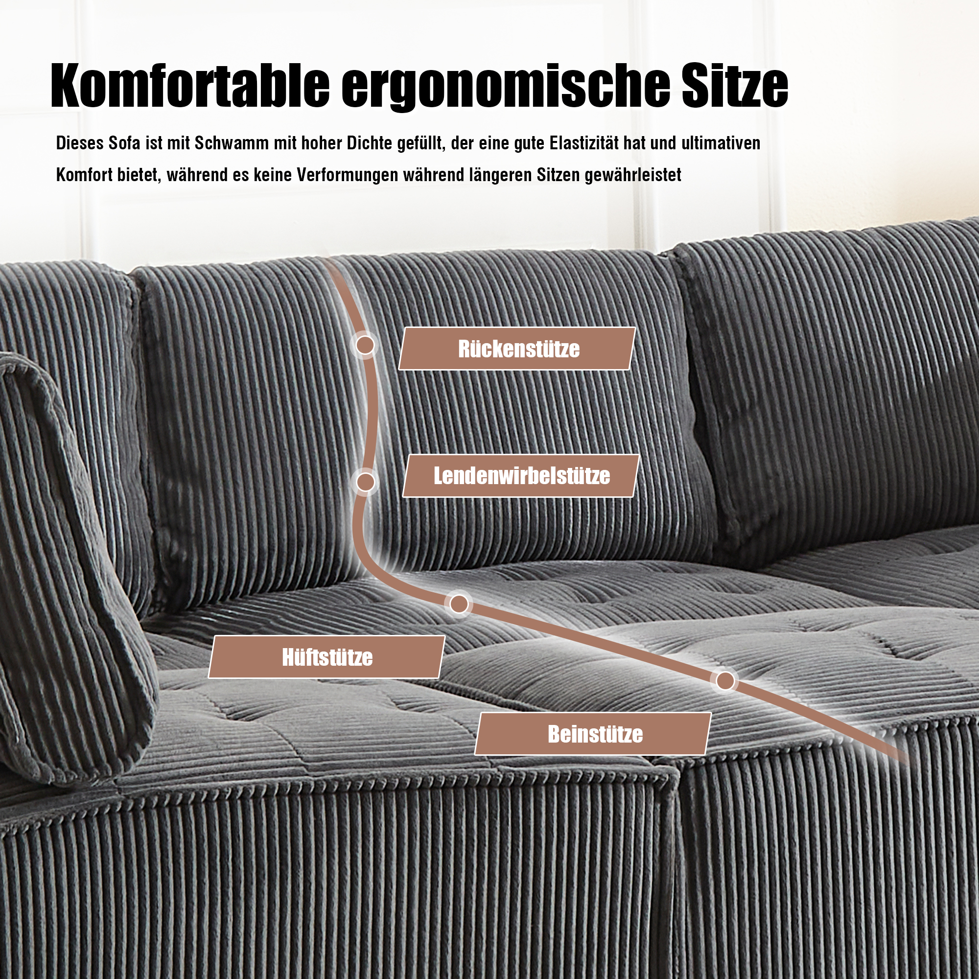 Lit rembourré avec rangement 6 places 308x154x82 cm, structure métal et bois, velours côtelé gris, accoudoirs ergonomiques