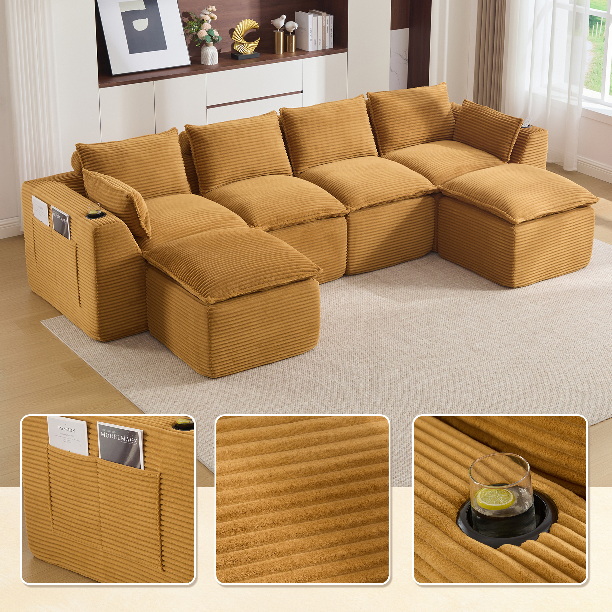 Canapé modulable 4 places avec 2 poufs, porte-gobelets, 2 poches latérales et mousse à ressorts intégrés
