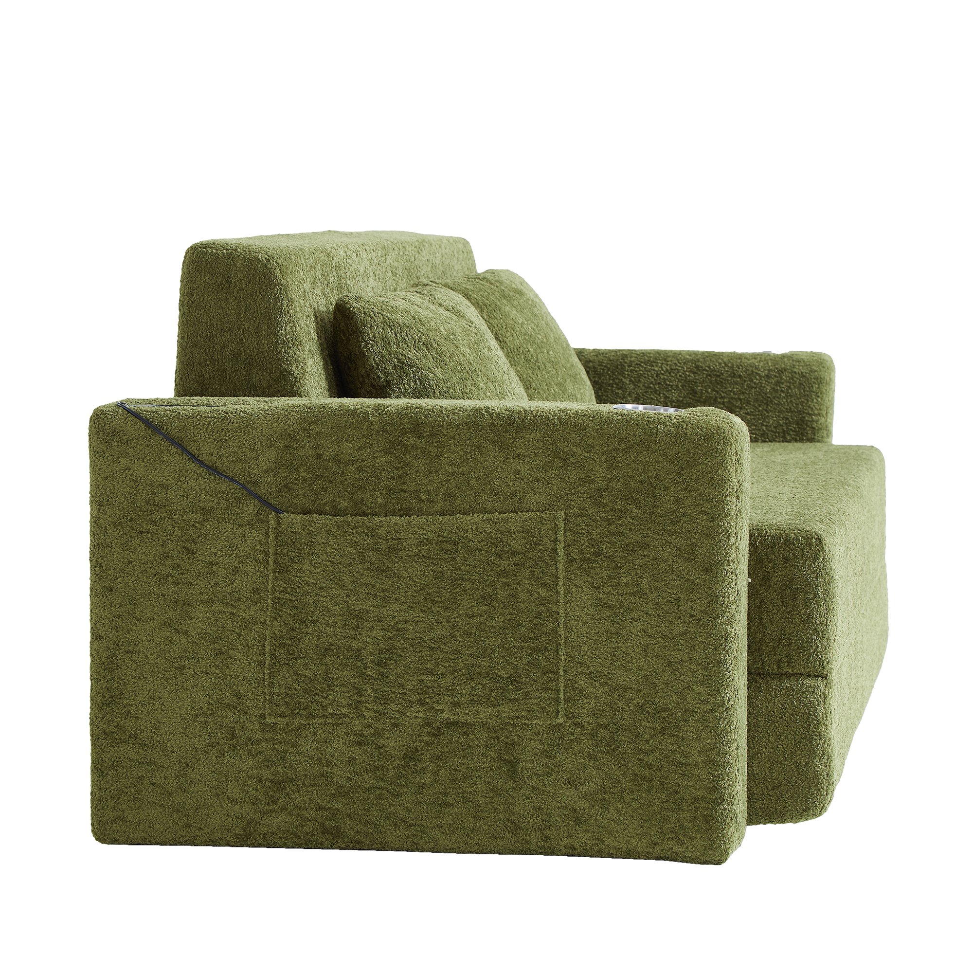 Canapé-lit 2 places vert en velours côtelé avec ports USB, poches latérales et coussins inclus, format compact 153x77cm pour petits espaces