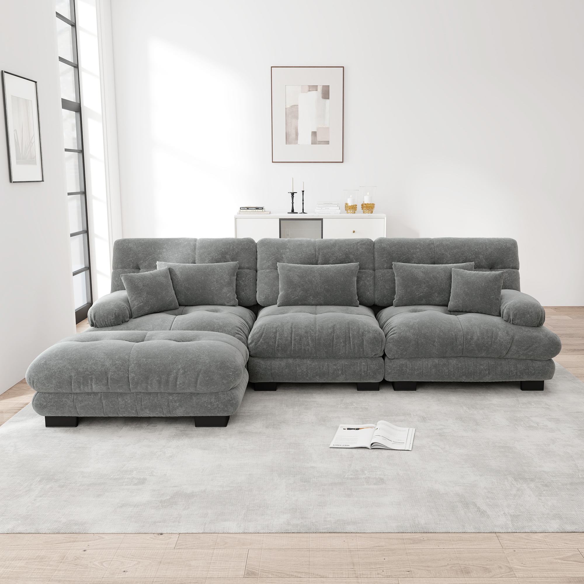 Canapé d'angle modulable avec ottomans mobiles et coussins d'appoint, configuration en L ou droite