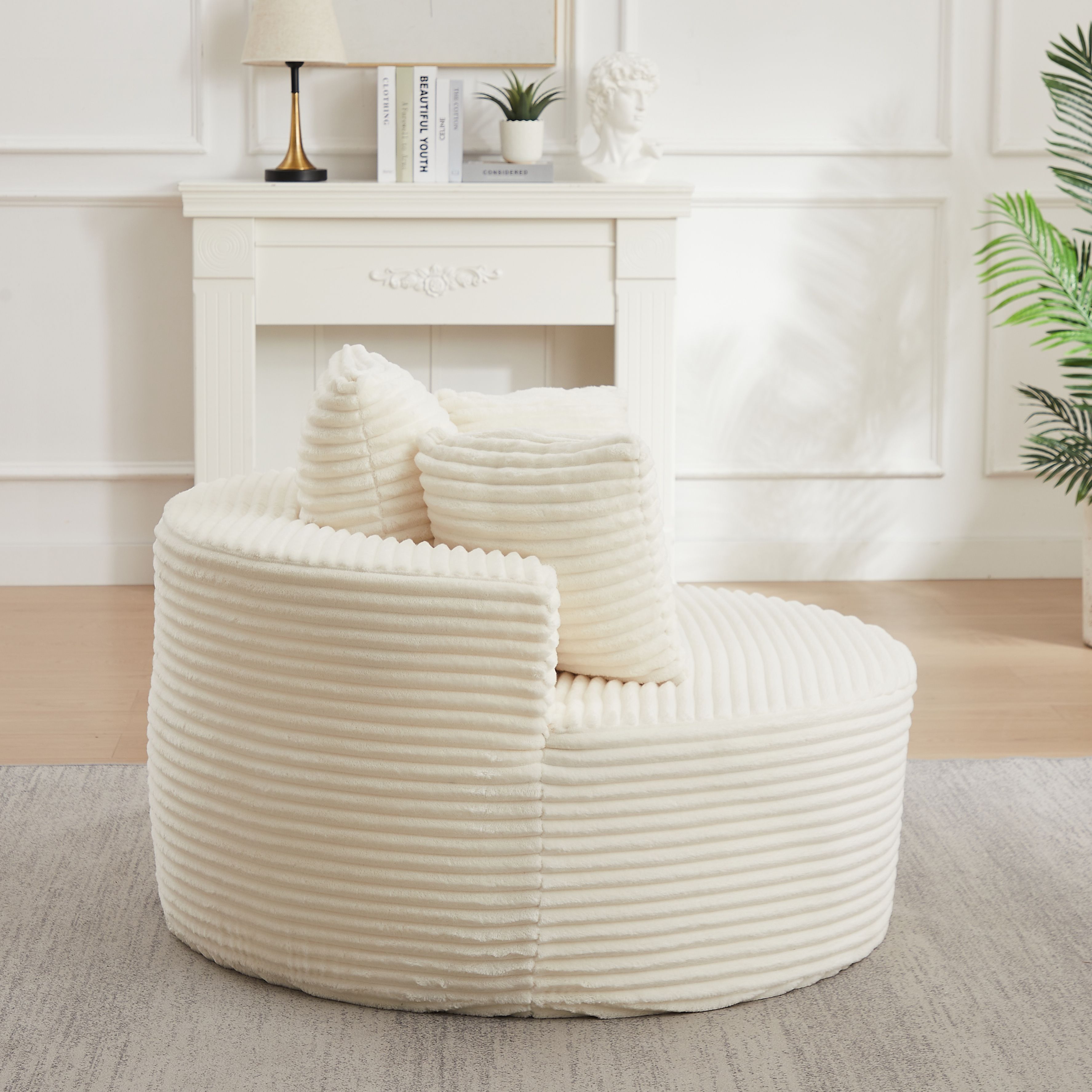 Fauteuil rond diamètre 110 cm, canapé une place beige en corduroy, poids 16,3 kg, livré compressé avec 3 coussins inclus