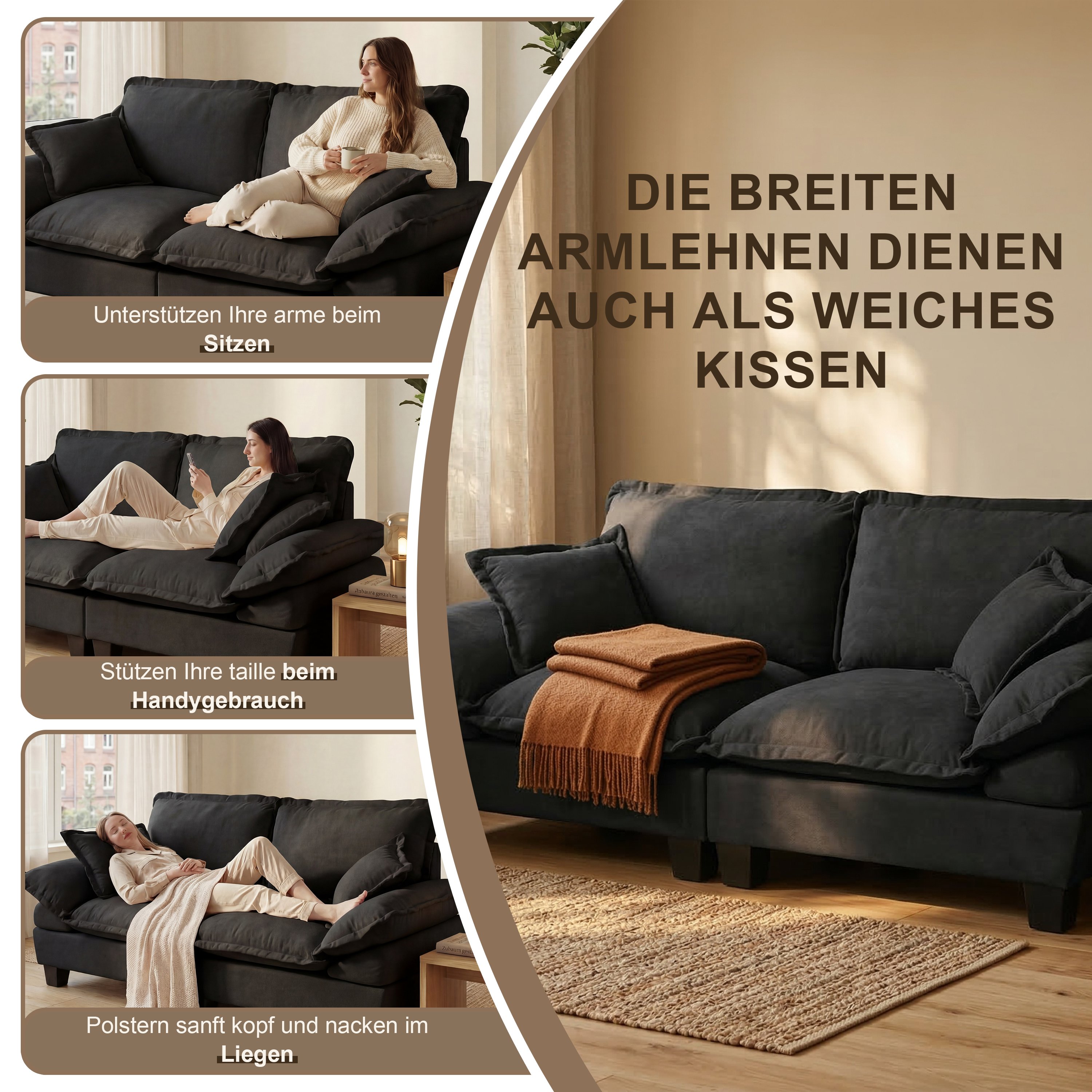 Canapé d'angle modulable noir 224x151x90 cm, Canapé segmenté avec ottomane et 2 coussins, Supporte jusqu'à 180 kg, Tissu Chenille