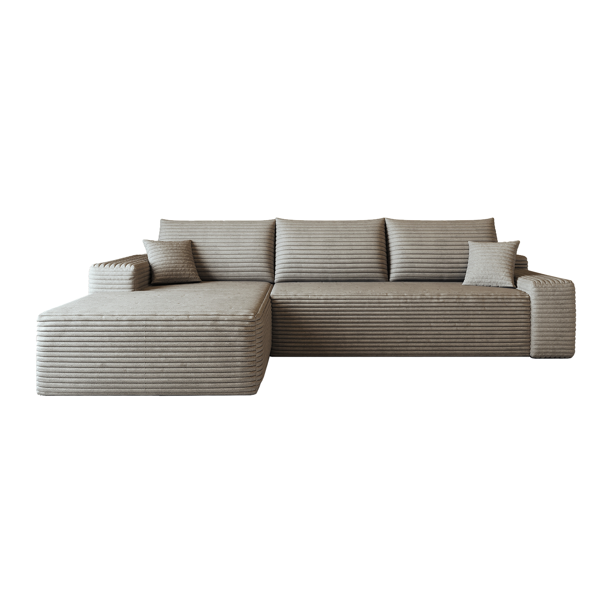 Canapé d'angle en velours côtelé camel, lignes fluides et design contemporain, dimensions 270x175x83cm, rembourrage confortable