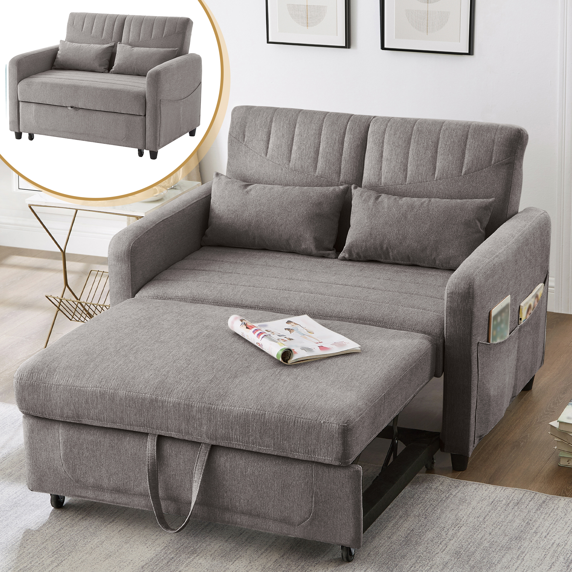 Canapé Convertible 2 Places Gris avec Tiroir de Rangement Intégré et Dossier Réglable sur 3 Positions pour Salon Moderne