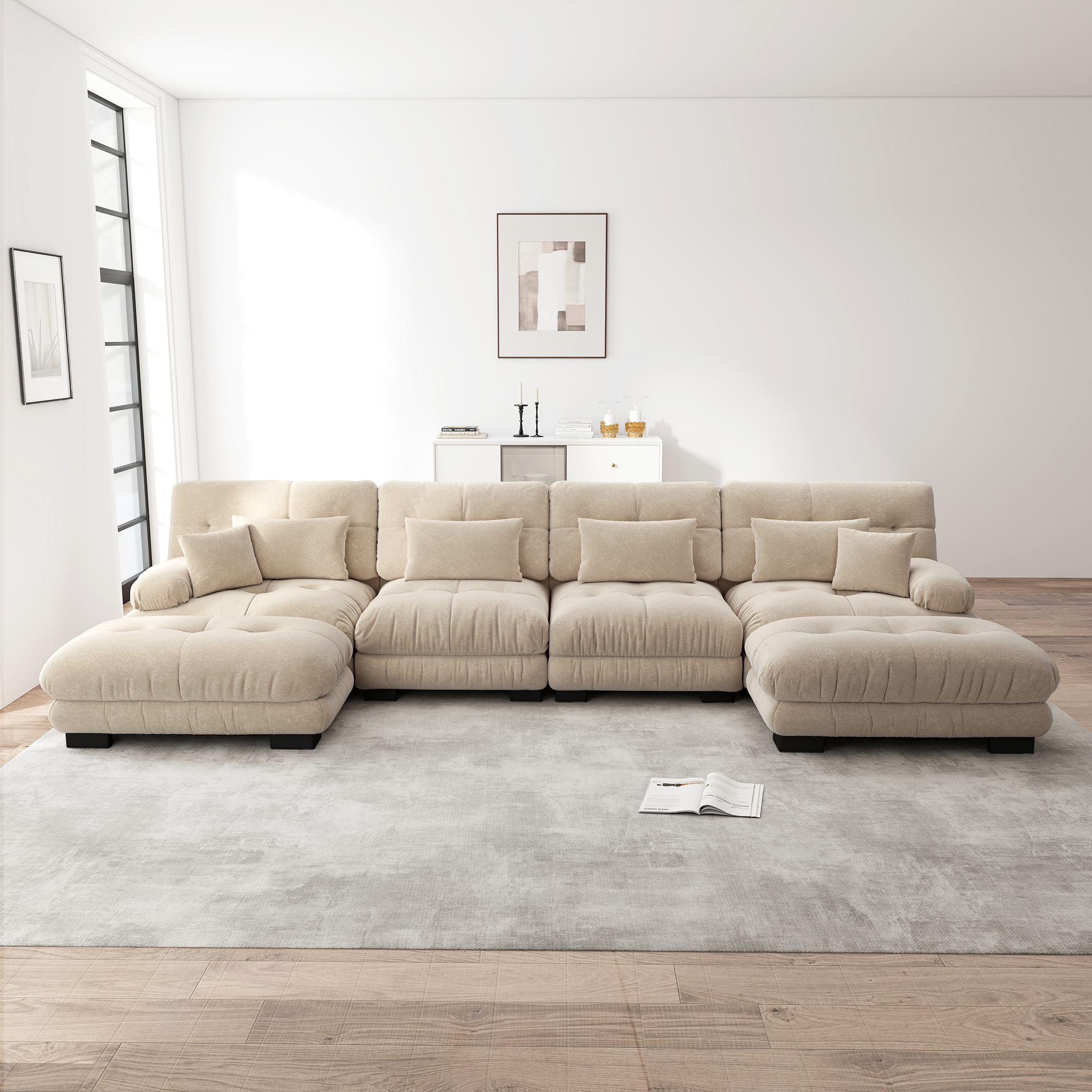 Canapé d'angle 4 places en velours côtelé beige clair avec pouf mobile et LED intégrée pour salon