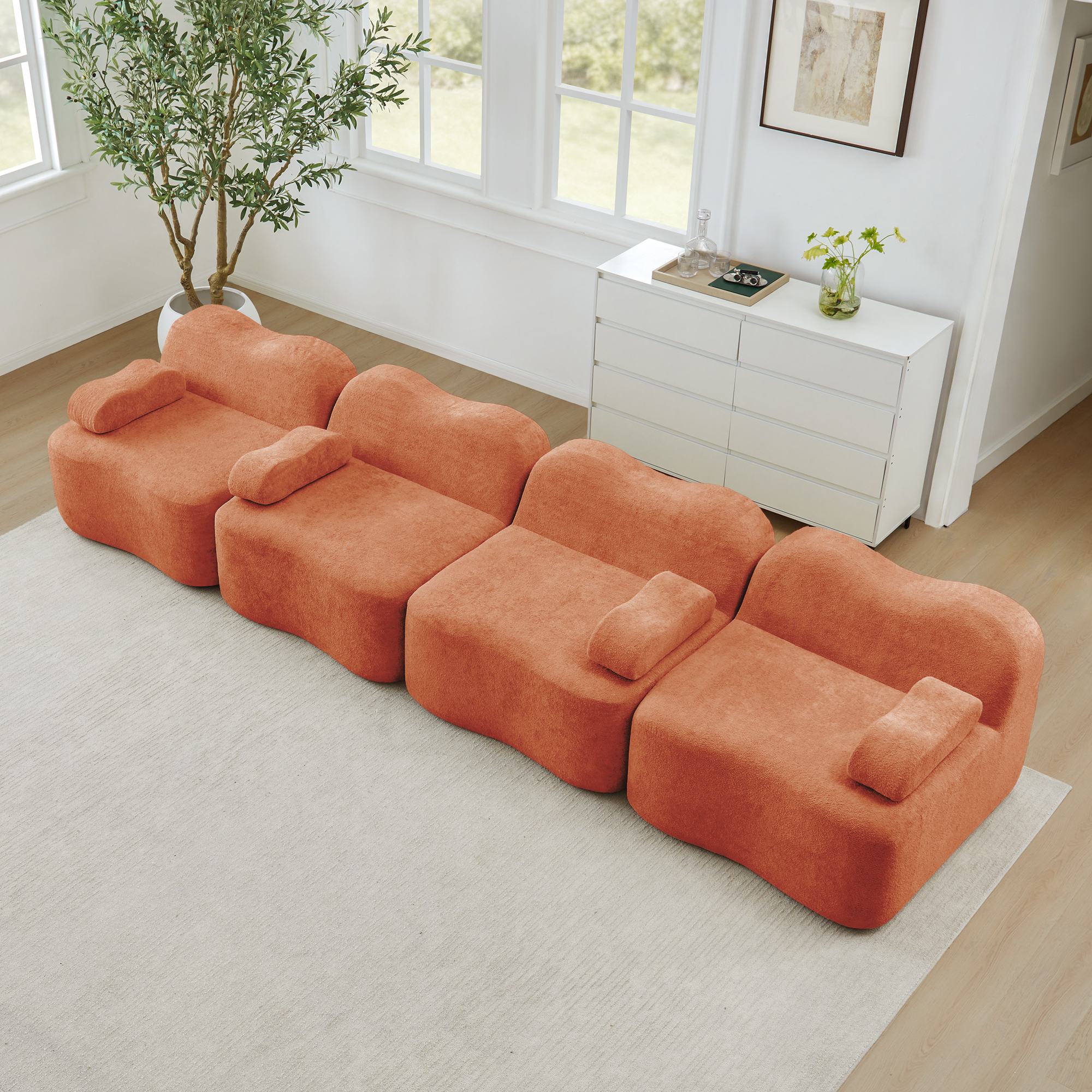 Canapé Modulable 4 Places avec Rangement Intégré, Assise Profonde et Coussins d'Accoudoirs Mobiles pour Salon Contemporain