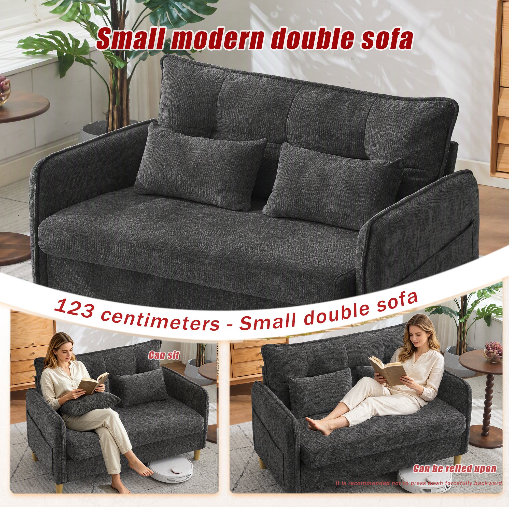 Canapé 2 places avec rangement latéral et coussins inclus, tissu chenille gris foncé, montage facile