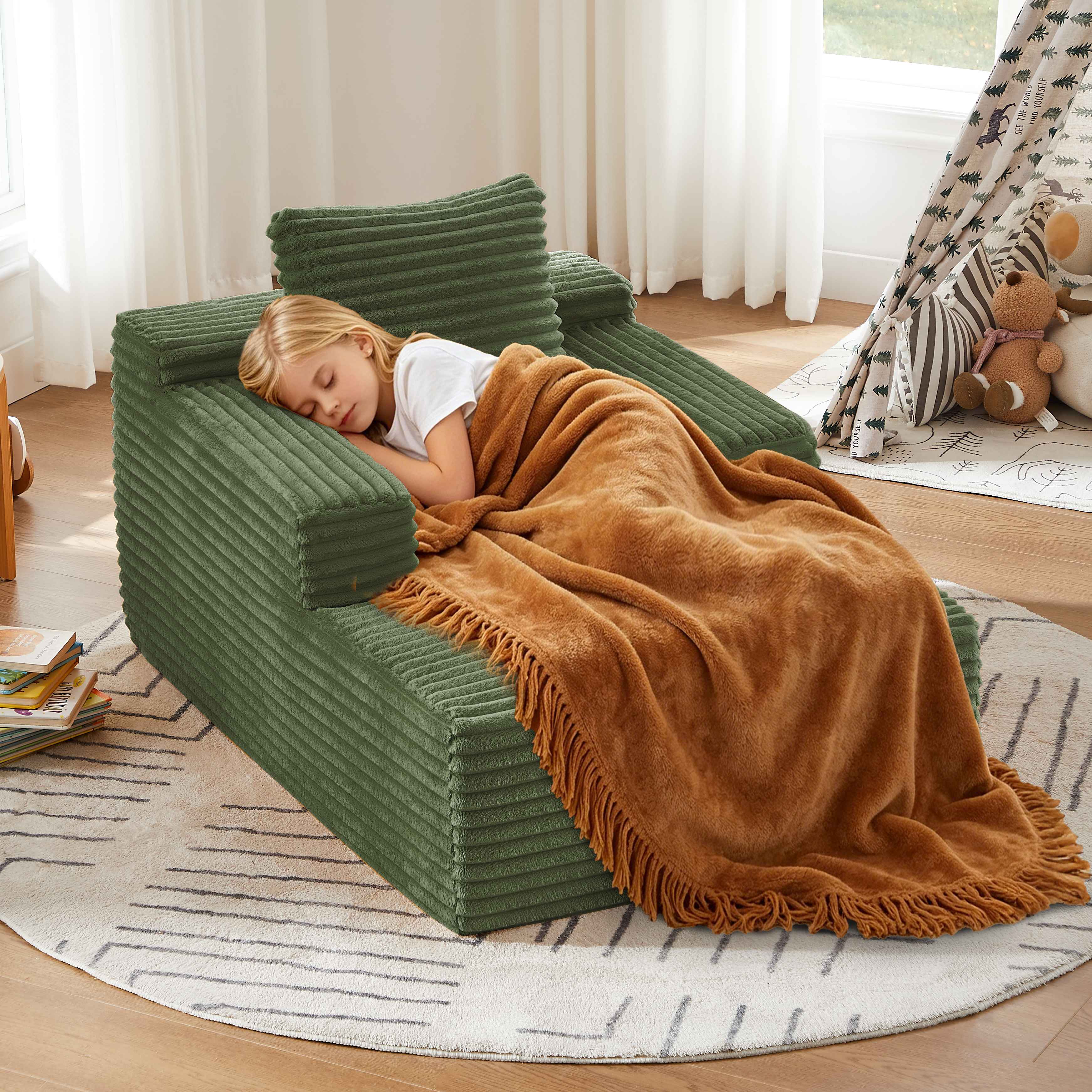 Chaise longue sans montage en velours côtelé vert, fauteuil relax moderne pour salon et bureau, coussin mousse haute densité, style contemporain élégant