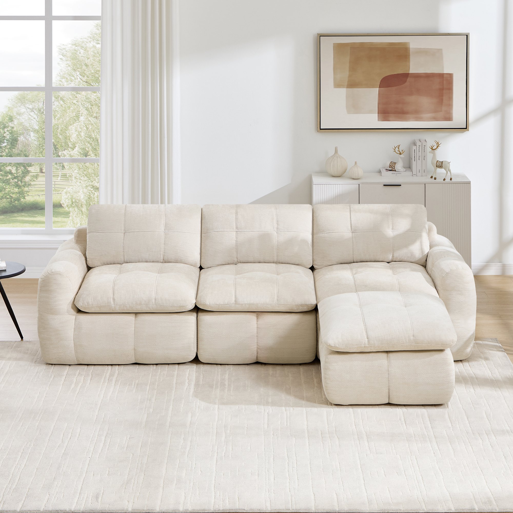 Canapé d'angle modulable 3 places en chenille beige sans cadre avec ottoman, mousse 32D haute densité et confort ergonomique pour salon ou appartement