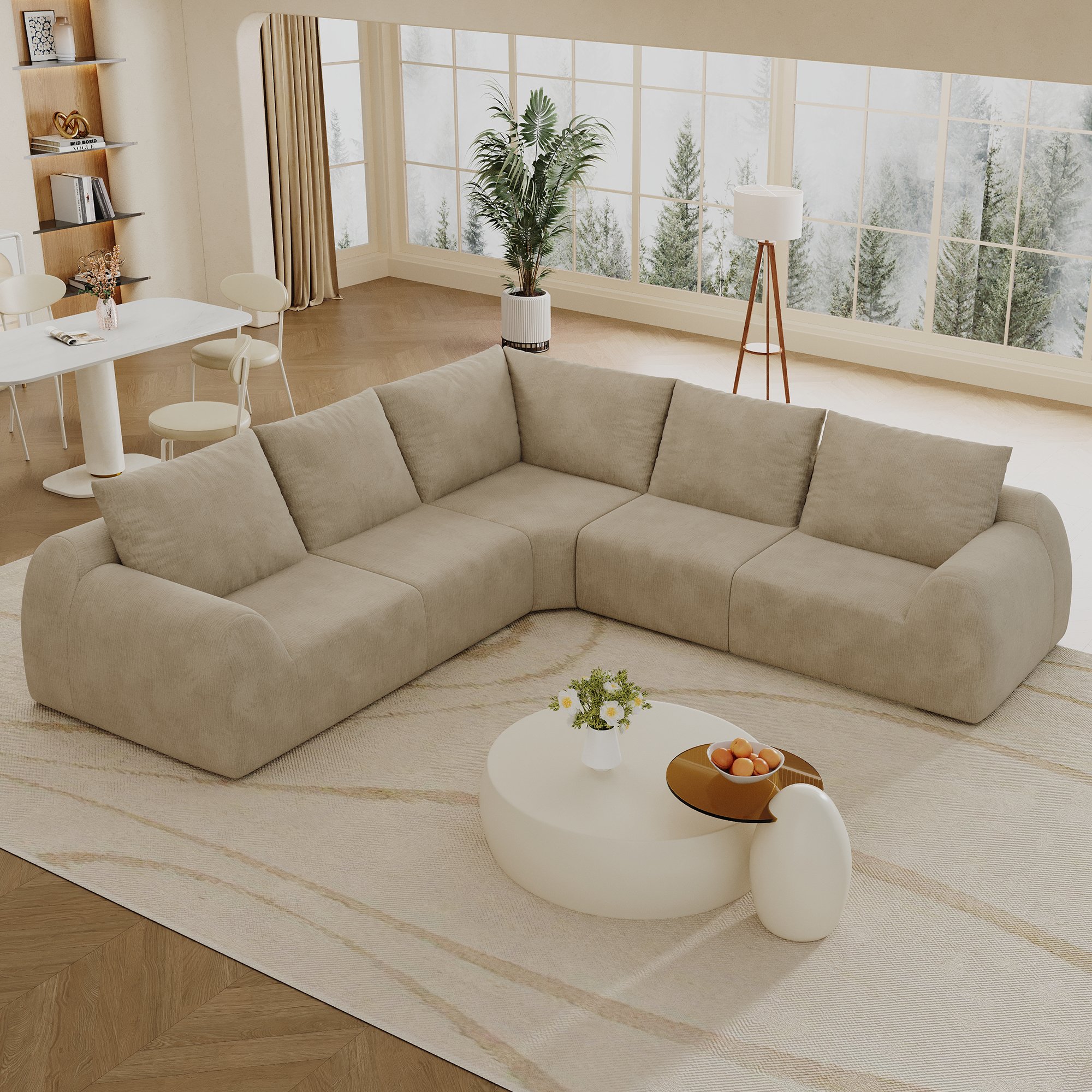 Canapé droit 267x267cm en tissu chenille kaki, mousse haute élasticité, sans montage, livraison compacte pour salon et chambre
