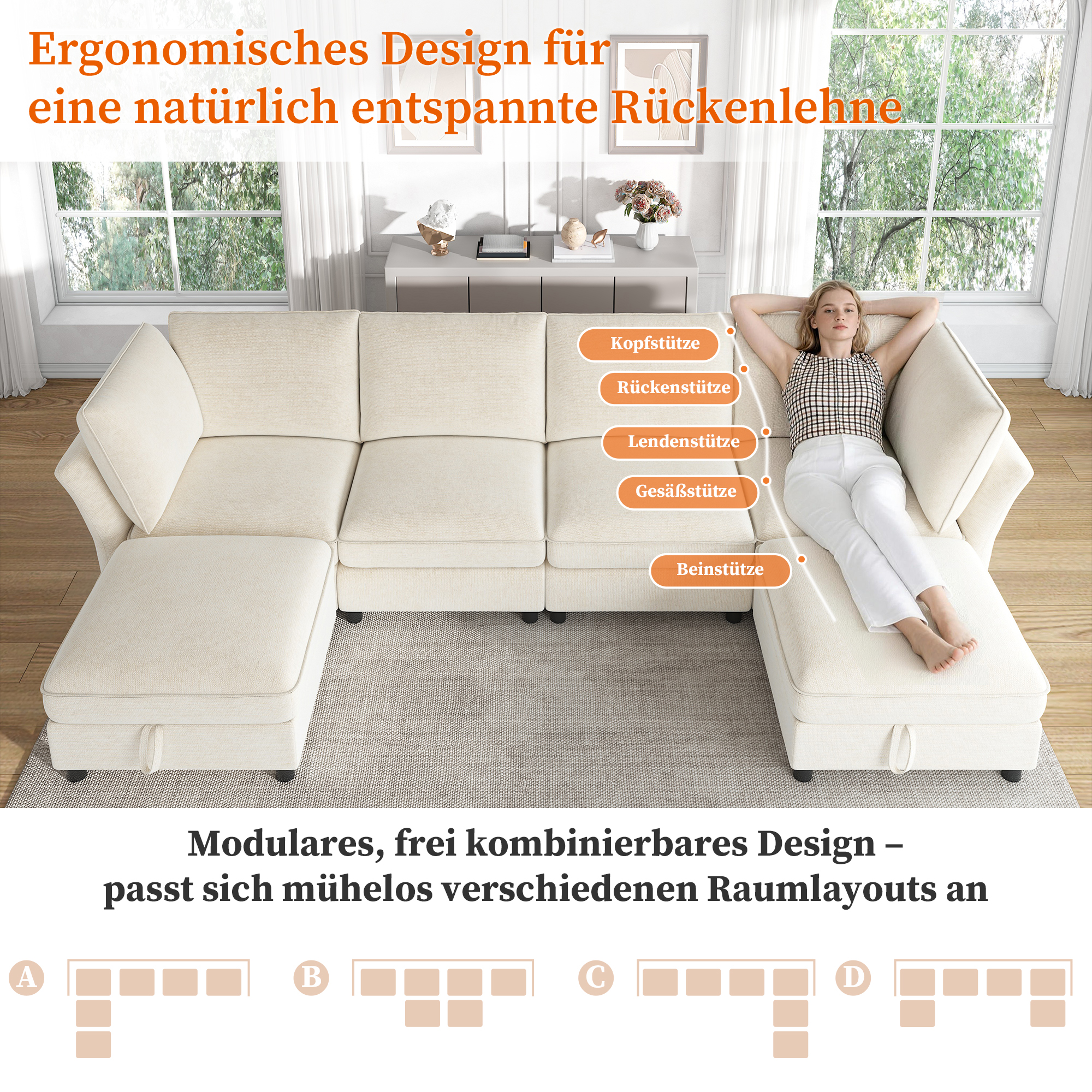 Canapé d'angle 6 places en chenille beige, structure en bois massif et bois reconstitué avec coffre et pouf