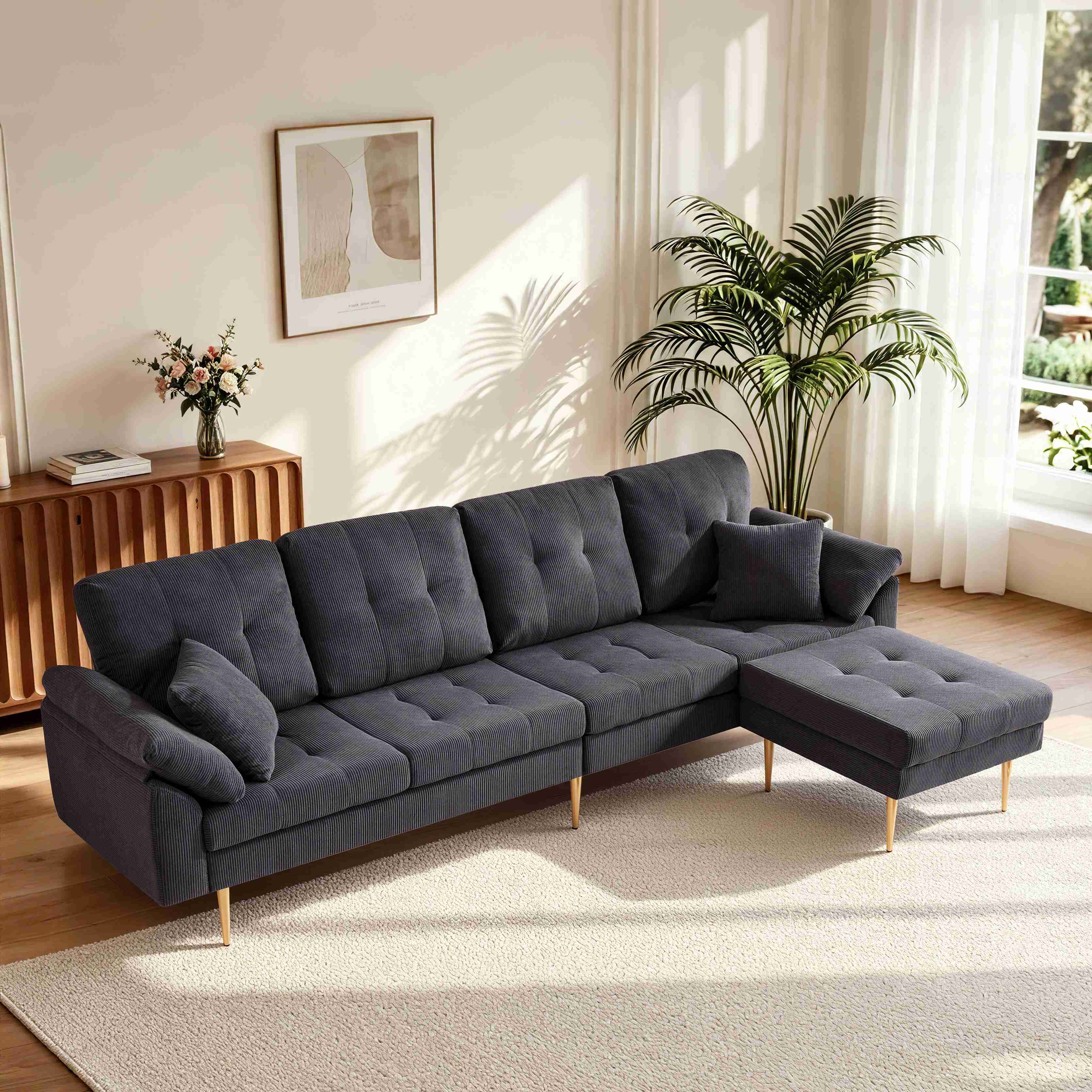Canapé 4 places en velours côtelé gris foncé avec pouf amovible, structure métallique et pieds hauts de 20 cm pour un style moderne et épuré dans votre salon.