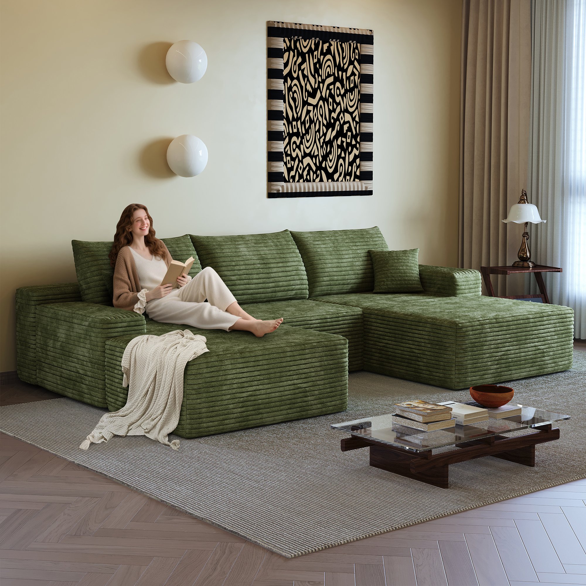 Canapé d'angle 270x175cm en tissu côtelé vert, structure modulaire sans montage, assise profonde et confort mousse haute élasticité pour le salon.