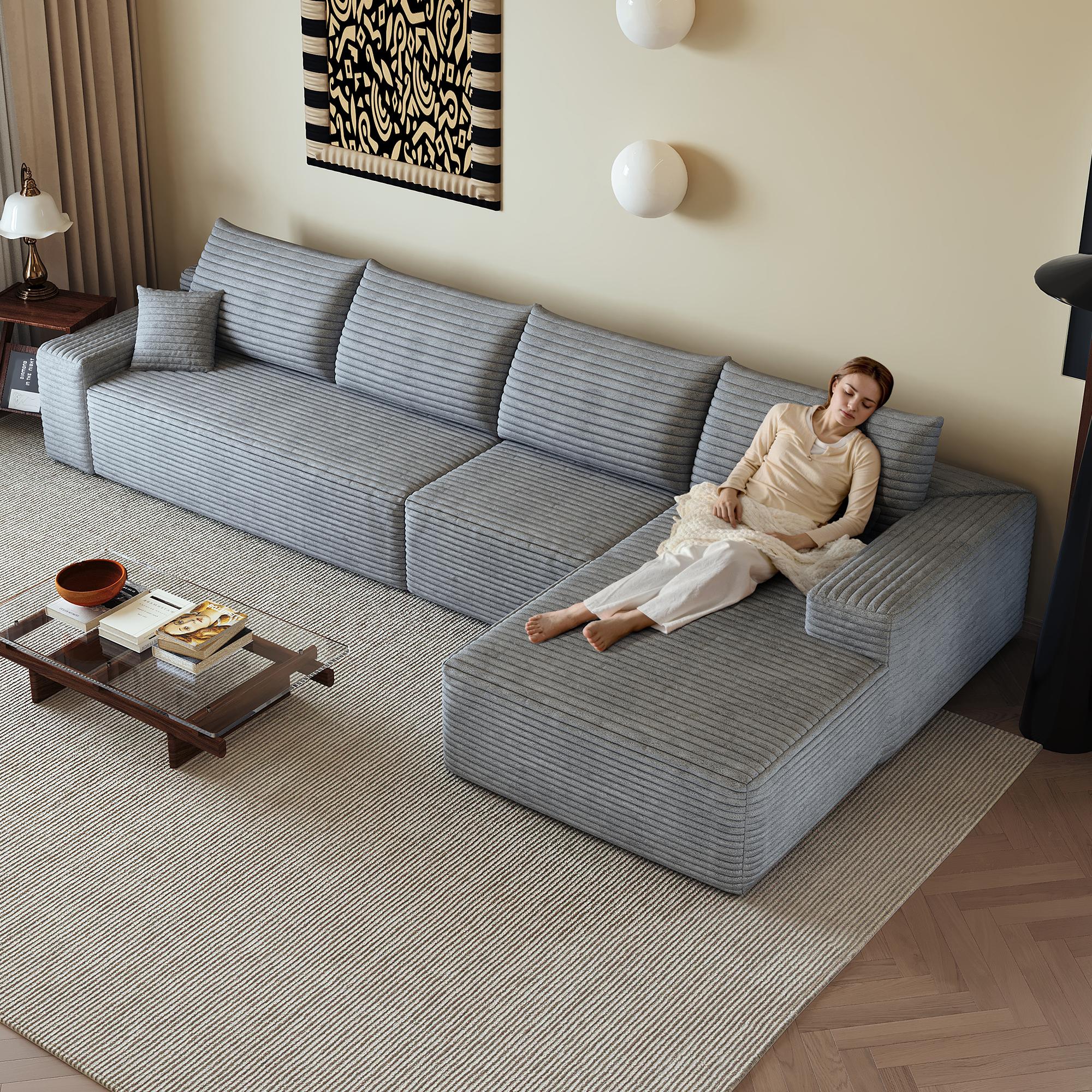Canapé d'angle 340x175cm gris en tissu côtelé, structure modulable sans montage, assise profonde et confort mousse haute densité pour salon moderne