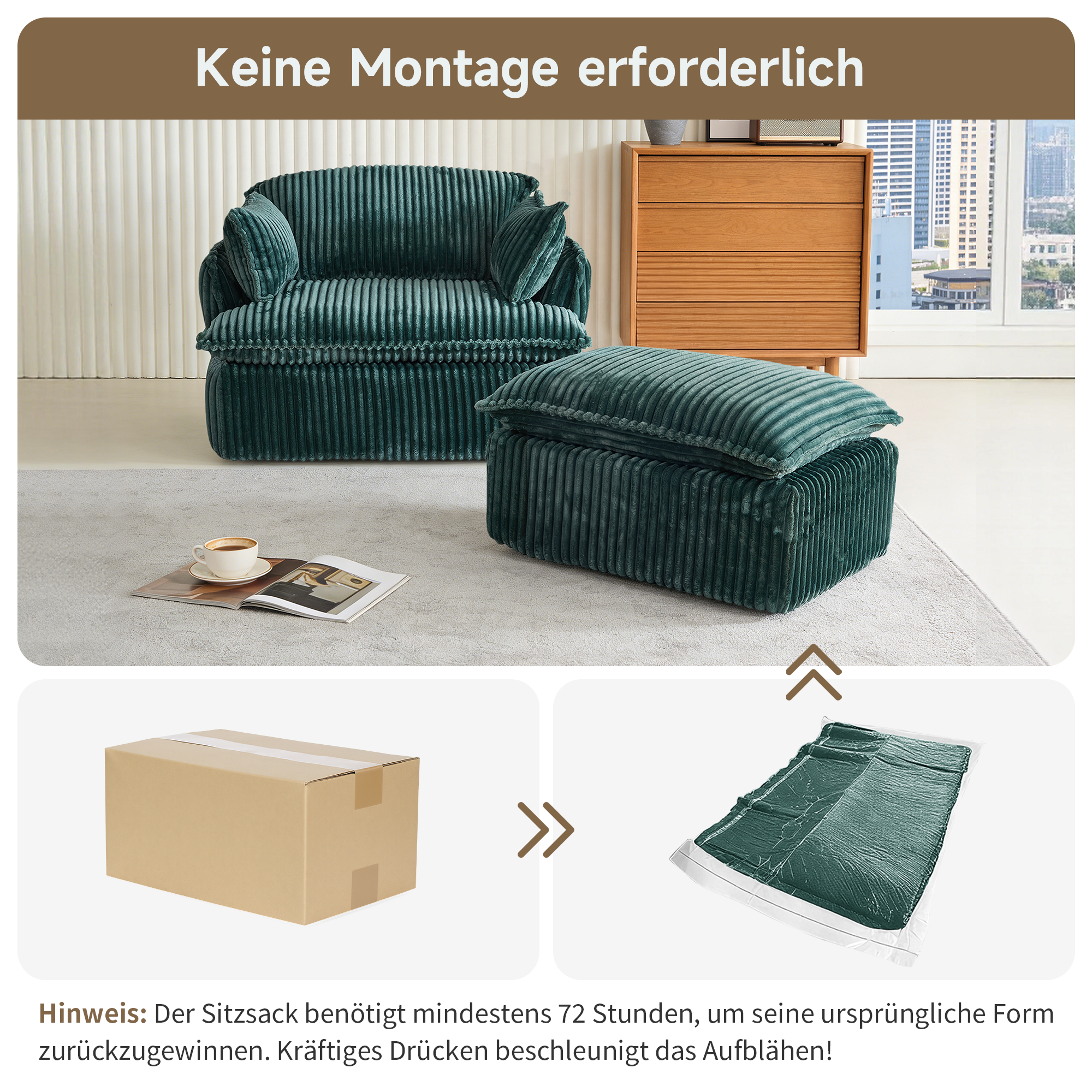 Fauteuil Compresse Dimensions 115x89x77 Cm Avec Repose-Pieds 101x41x65 Cm, Capacité Charge 180 Kg Couleur Verte Flanelle