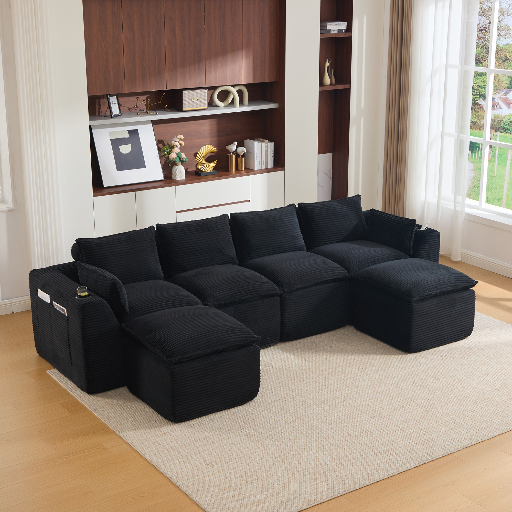 Canapé modulable 4 places avec porte-gobelets, coussins inclus et assise mousse à ressorts rapides