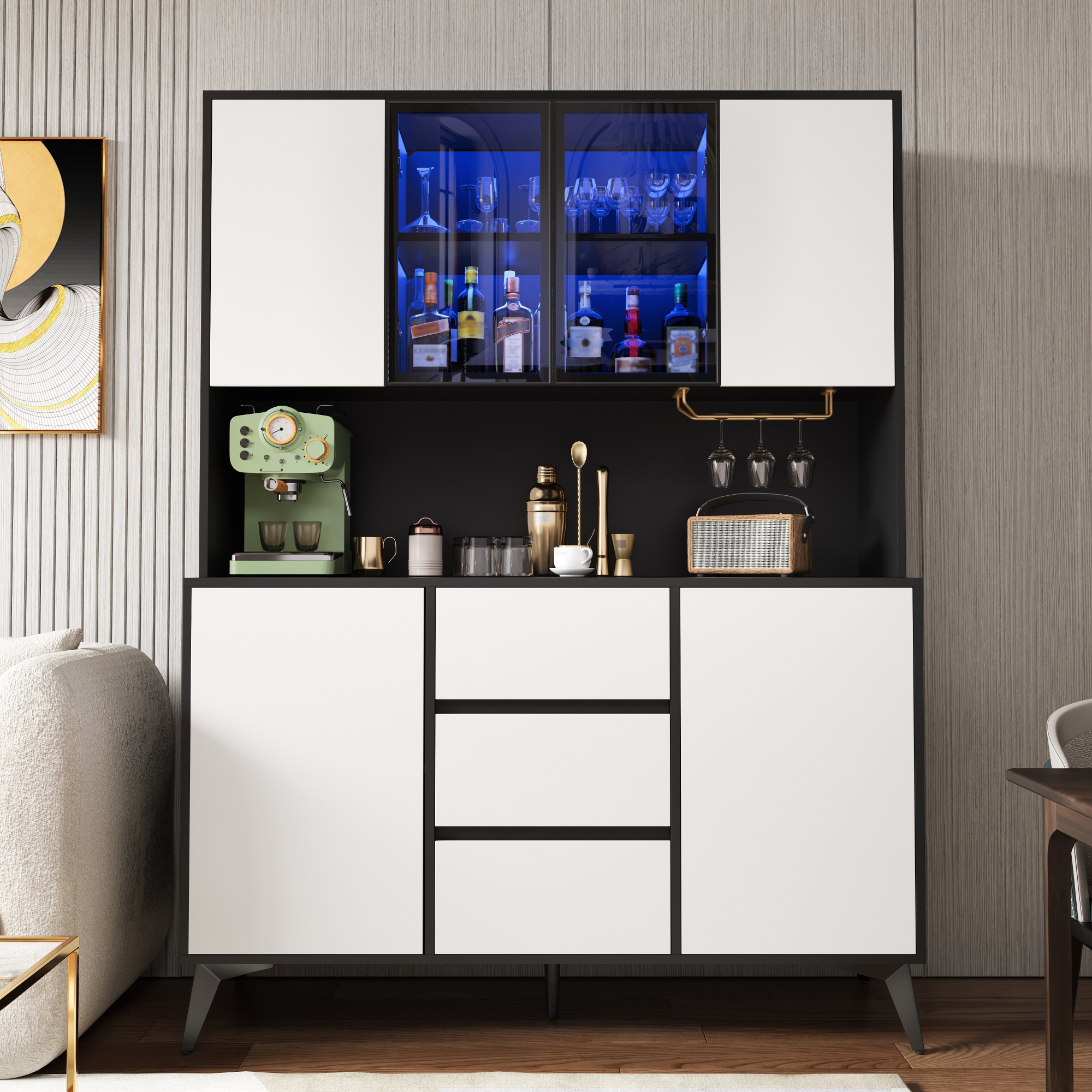 Buffet de cuisine moderne LED RGB, Meuble vaisselier 160x40x120 cm avec vitrine verre, 3 tiroirs et porte-gobelets doré