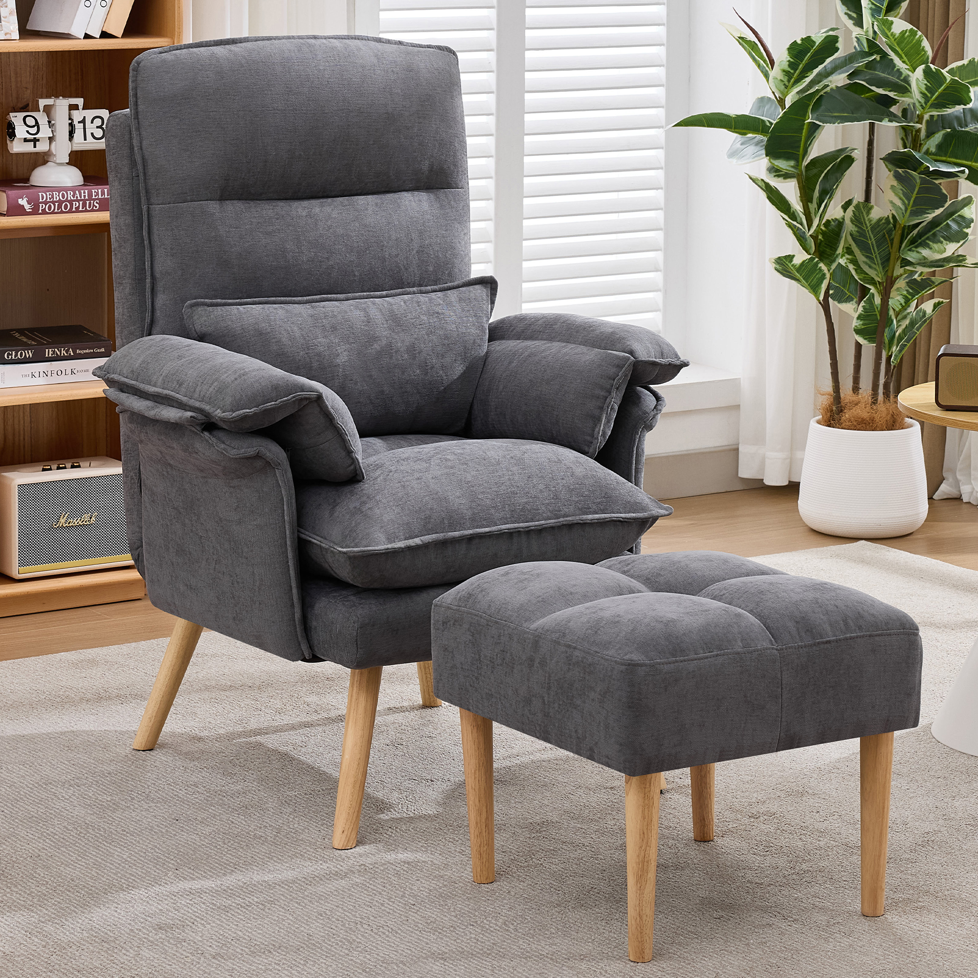 Canapé fauteuil relax 1 place avec dossier 5 positions et repose-pieds, coussin et accoudoirs rembourrés
