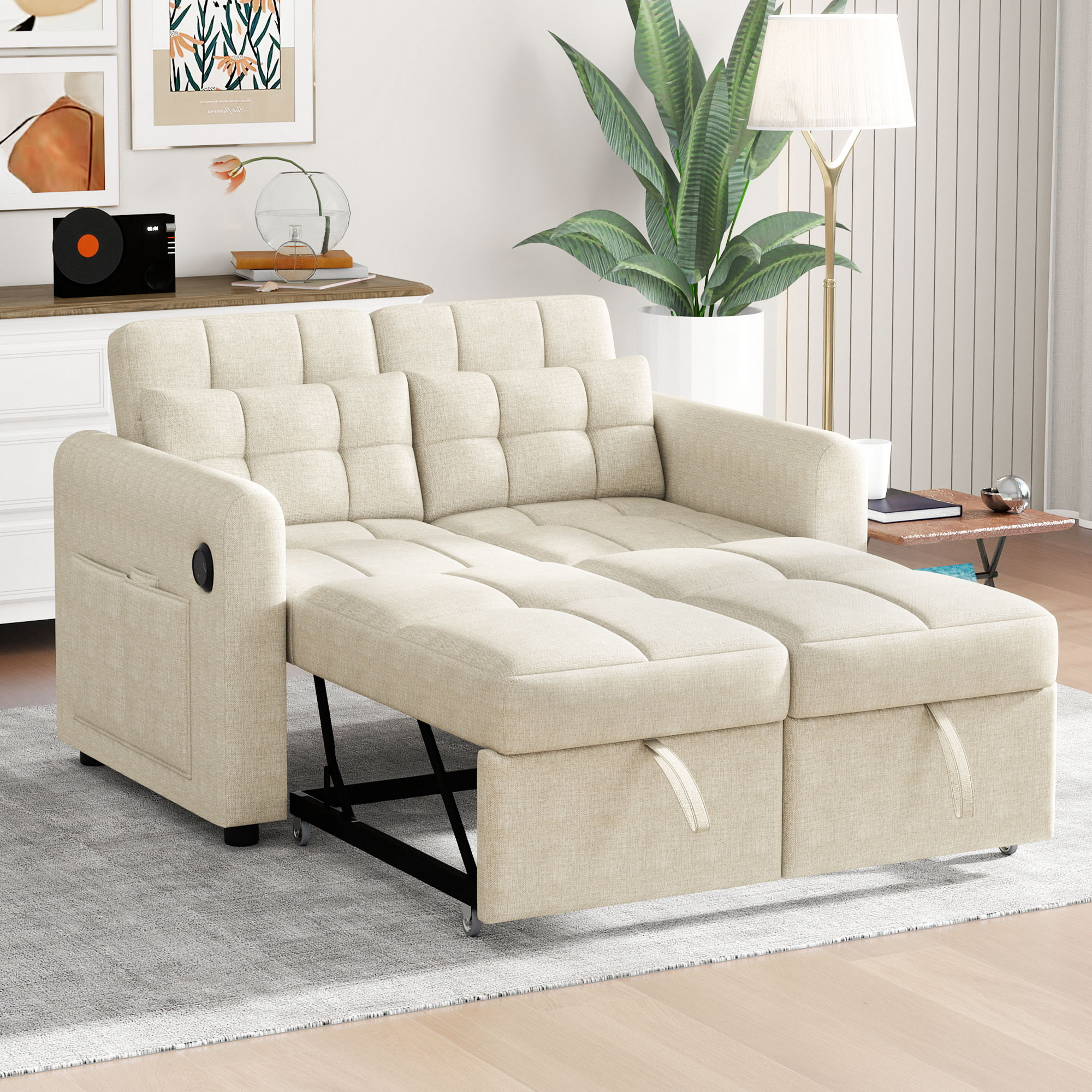 Canapé d'angle 2 places en lin beige avec dossier inclinable 3 positions, port USB et tiroir intégré