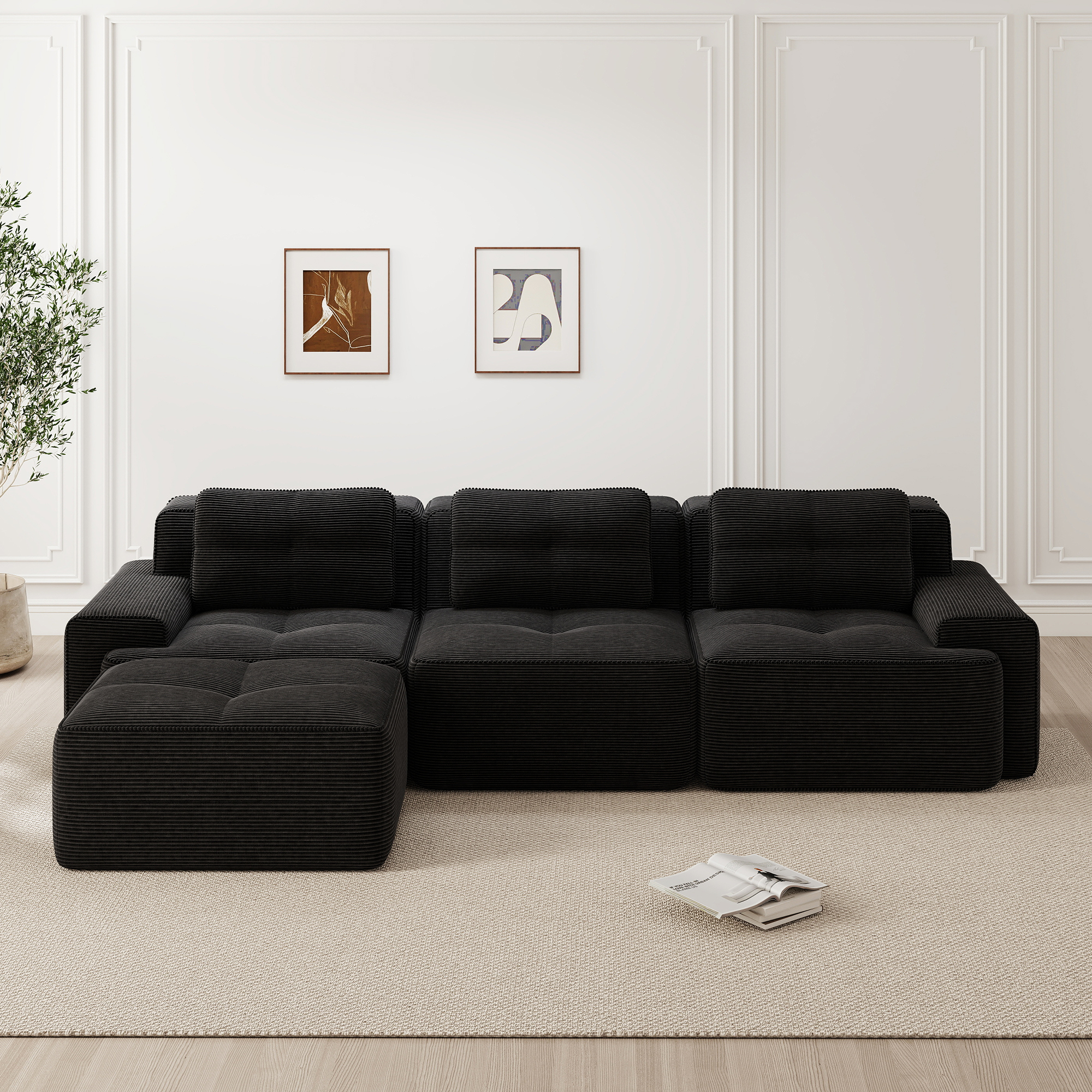 Canapé d'angle modulable 3 places 293x177x69 cm en velours côtelé noir avec ottoman et base antidérapante