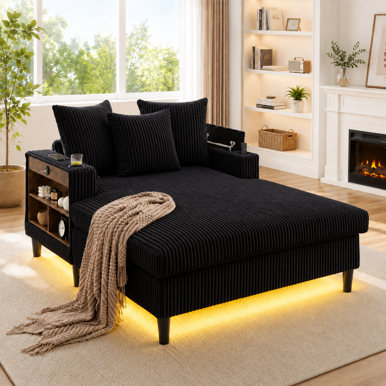 Canapé convertible en velours côtelé noir, structure stable, pieds plastique et rangement intégré 129x170 cm