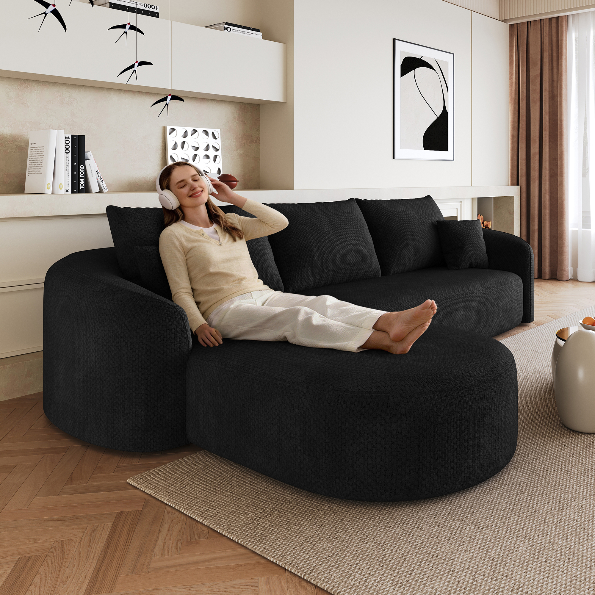 Canapé d'angle modulable 266x168x85 cm grande capacité structure boneless revêtement tissu noir