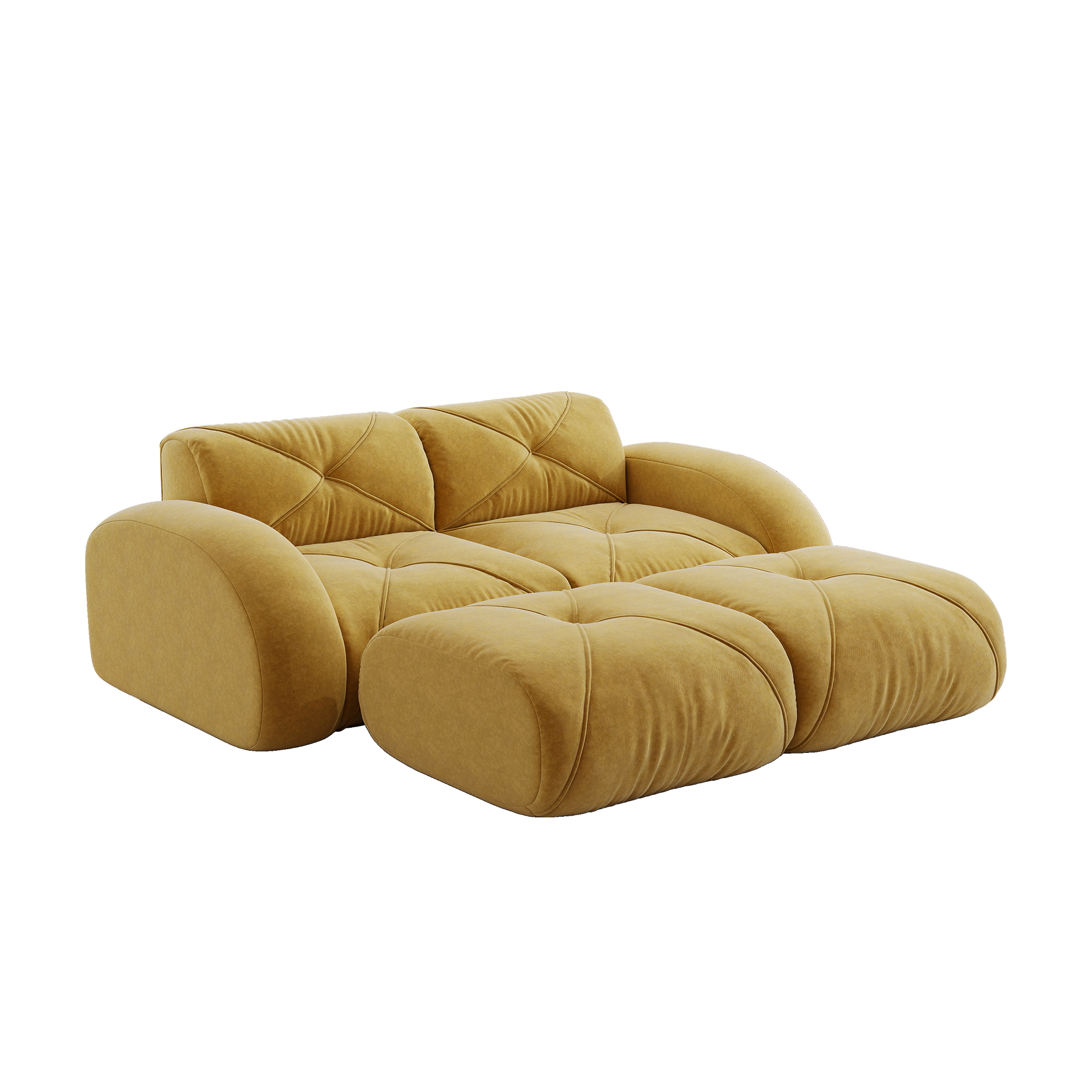 Canapé modulable 2 places en tissu Chenille jaune, design sans accoudoirs avec 2 repose-pieds inclus pour salon moderne