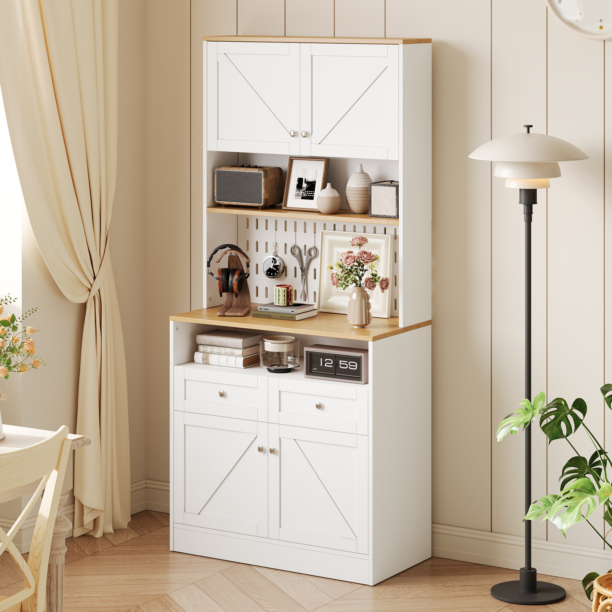 Buffet Cuisine Blanc et Bois Naturel, Meuble Vaisselier avec 2 Tiroirs et 4 Portes, Design Style Grange pour Salle à Manger