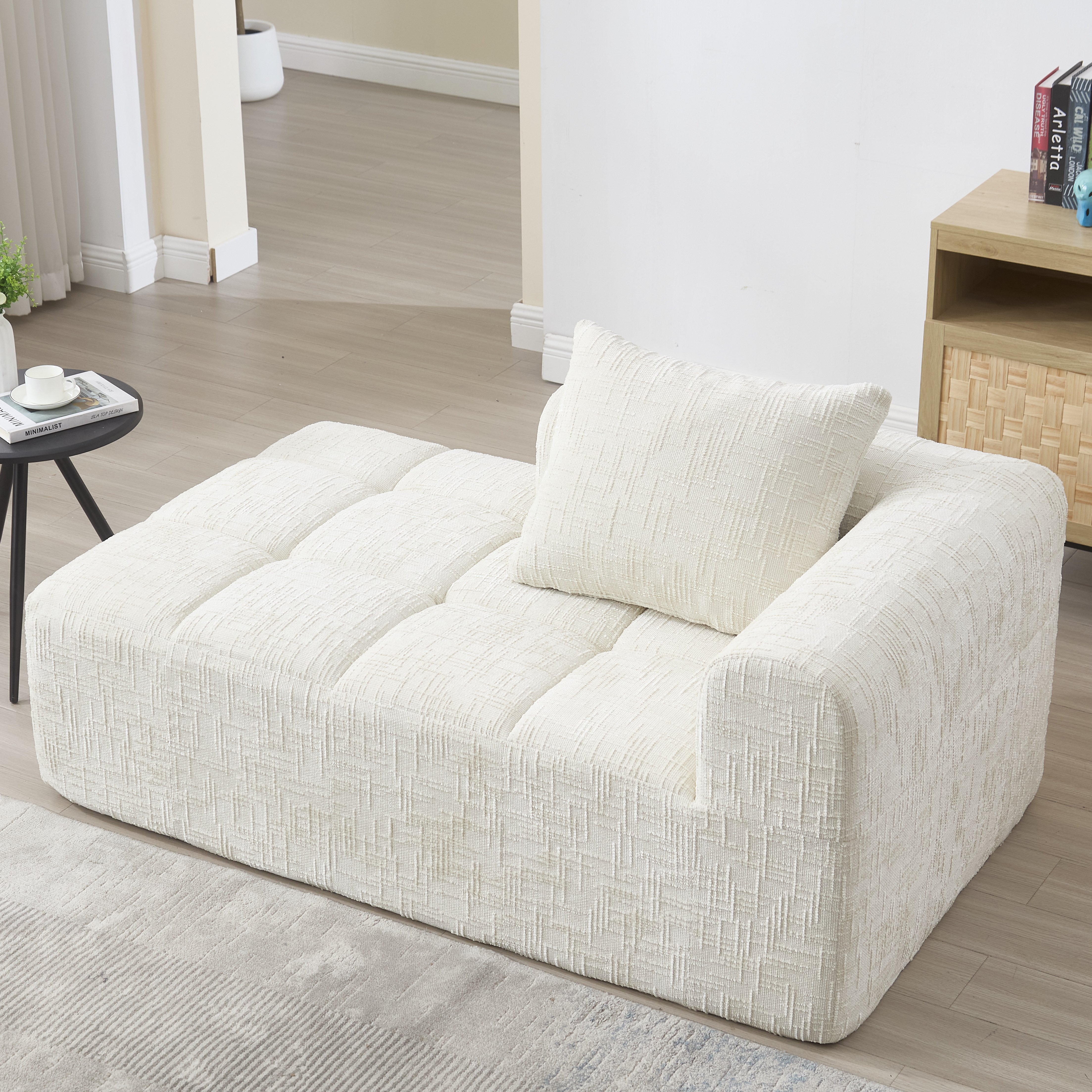 Canapé méridienne beige en chenille, structure résistante à l'usure et assise à ressort rapide