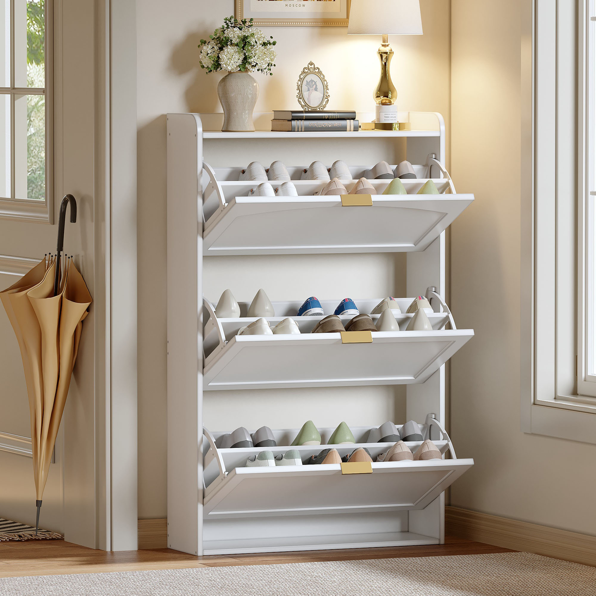 Meuble à chaussures 76x23x118 cm, Placard Étroit Blanc pour Petit Espace, Rangement Chaussées Moderne avec 3 Portes