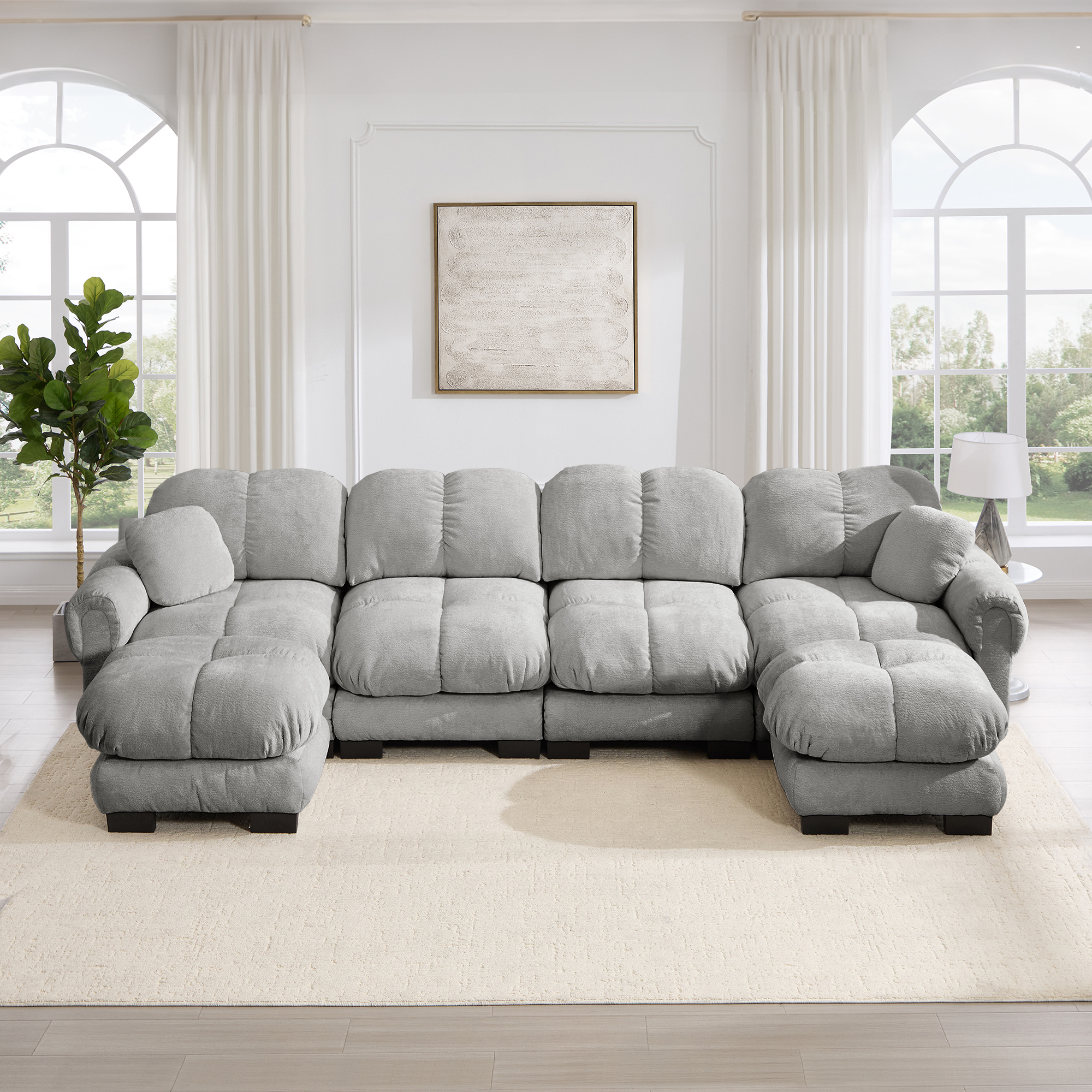 Canapé Modulable 4 Places En U Avec Ottoman Mobile, Tissu Chenille Gris Clair, Design Moderne Ergonomique Pour Salon Spacieux