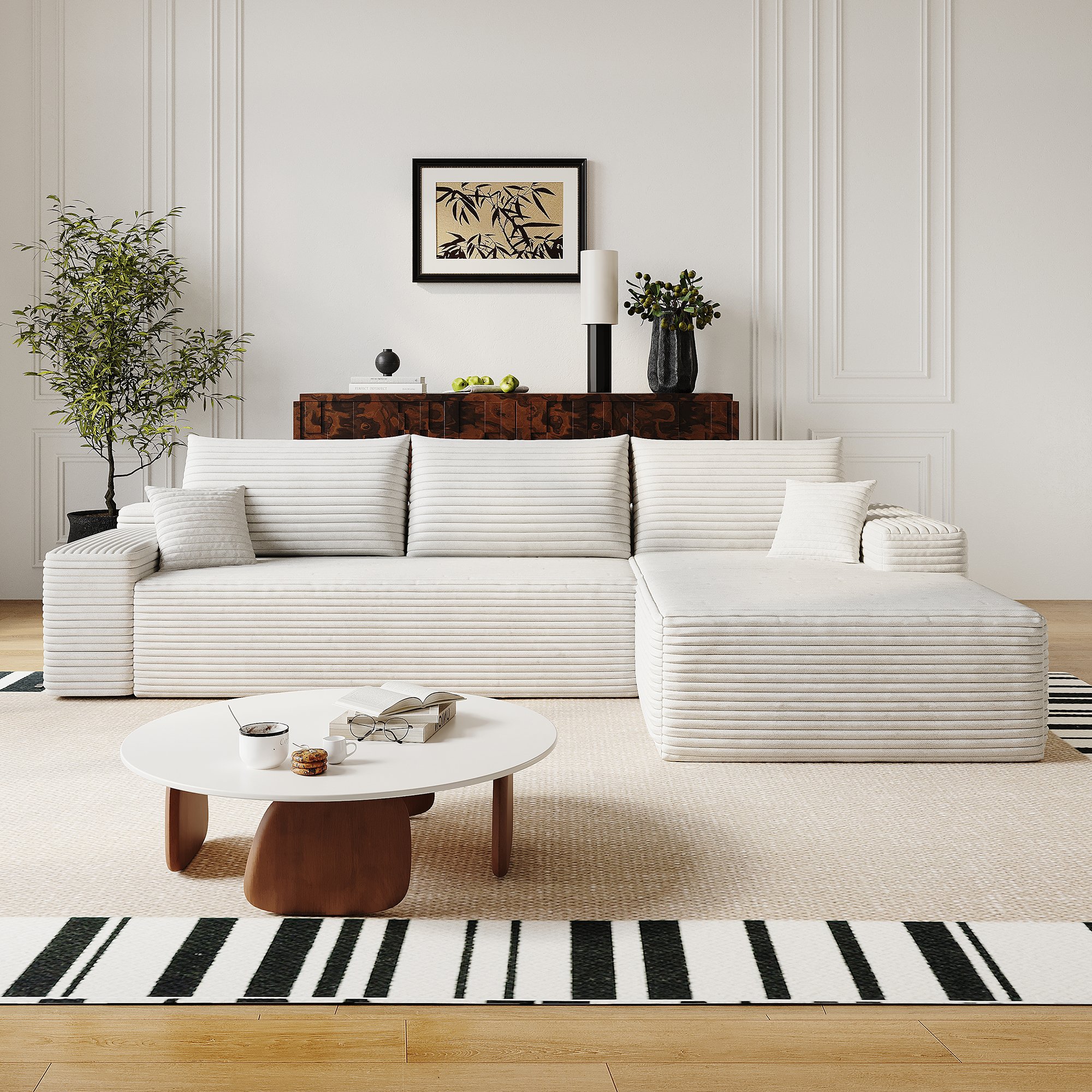 Canapé d'angle blanc 270x175 cm en tissu côtelé, structure modulaire sans montage, assise profonde et confort optimal pour le salon.