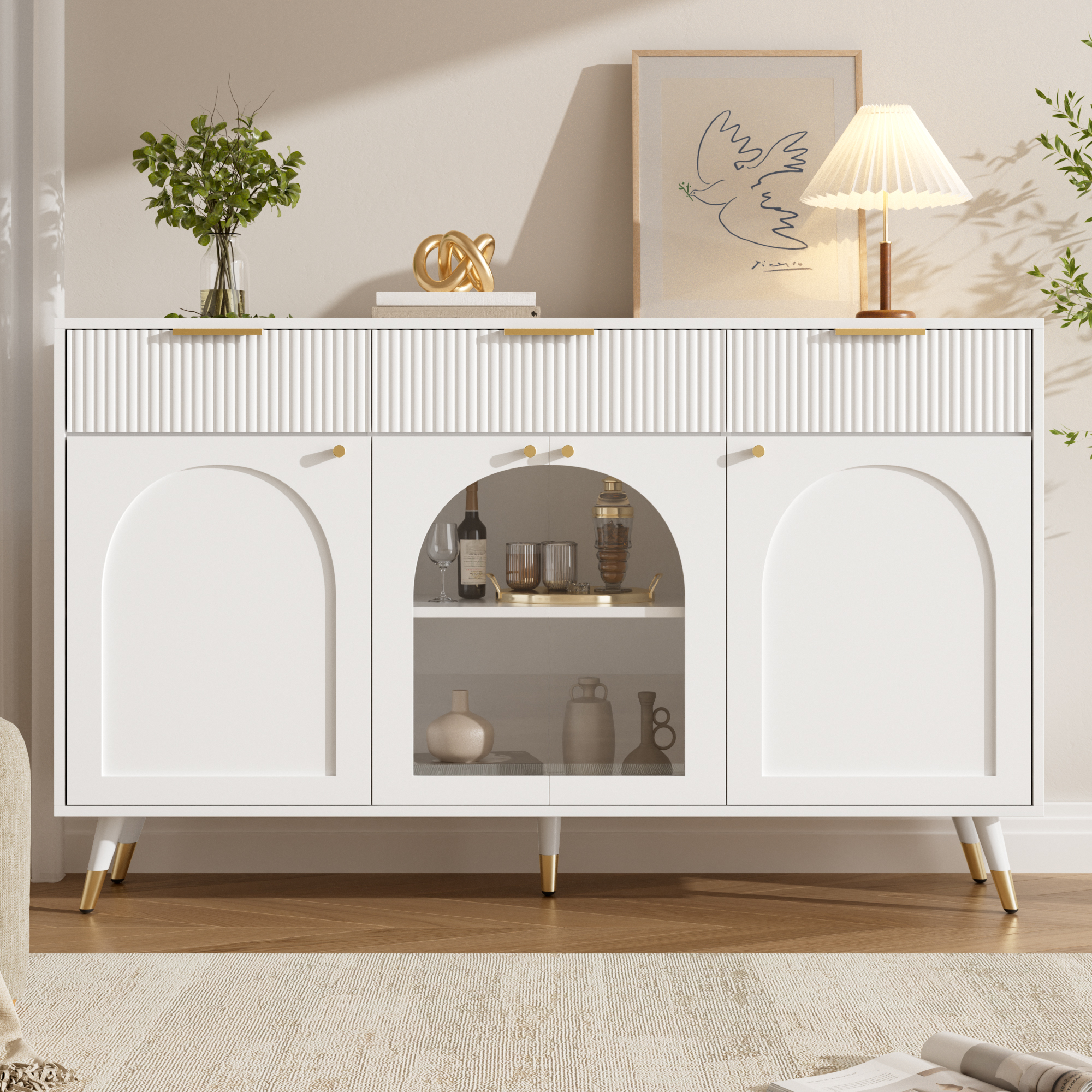 Buffet Rangement avec 4 Portes Acrylique Transparent et 3 Tiroirs, Meuble Bas Organisateur avec Poignées Métal et Pieds Bois