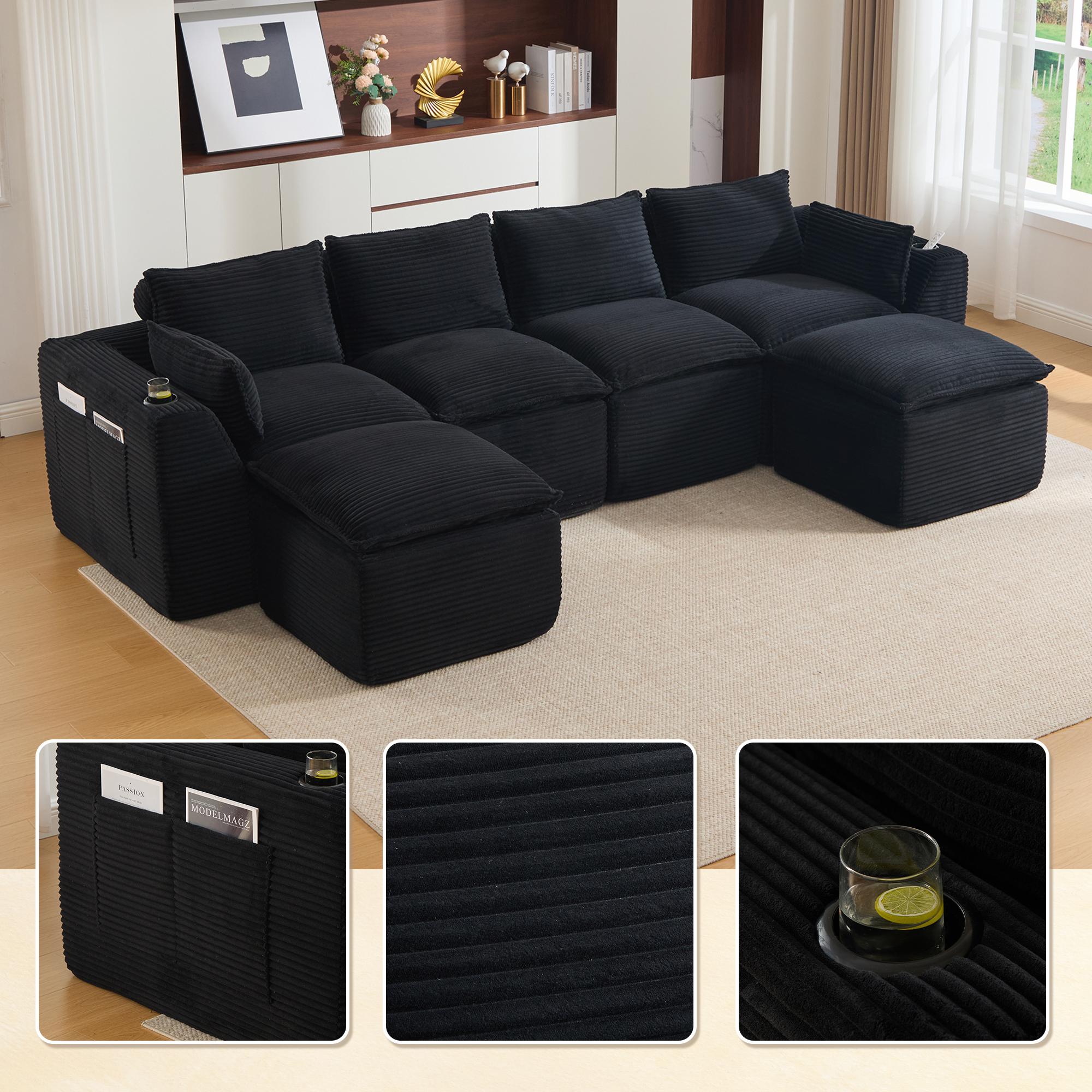 Canapé modulable 4 places avec porte-gobelets, coussins inclus et assise mousse à ressorts rapides