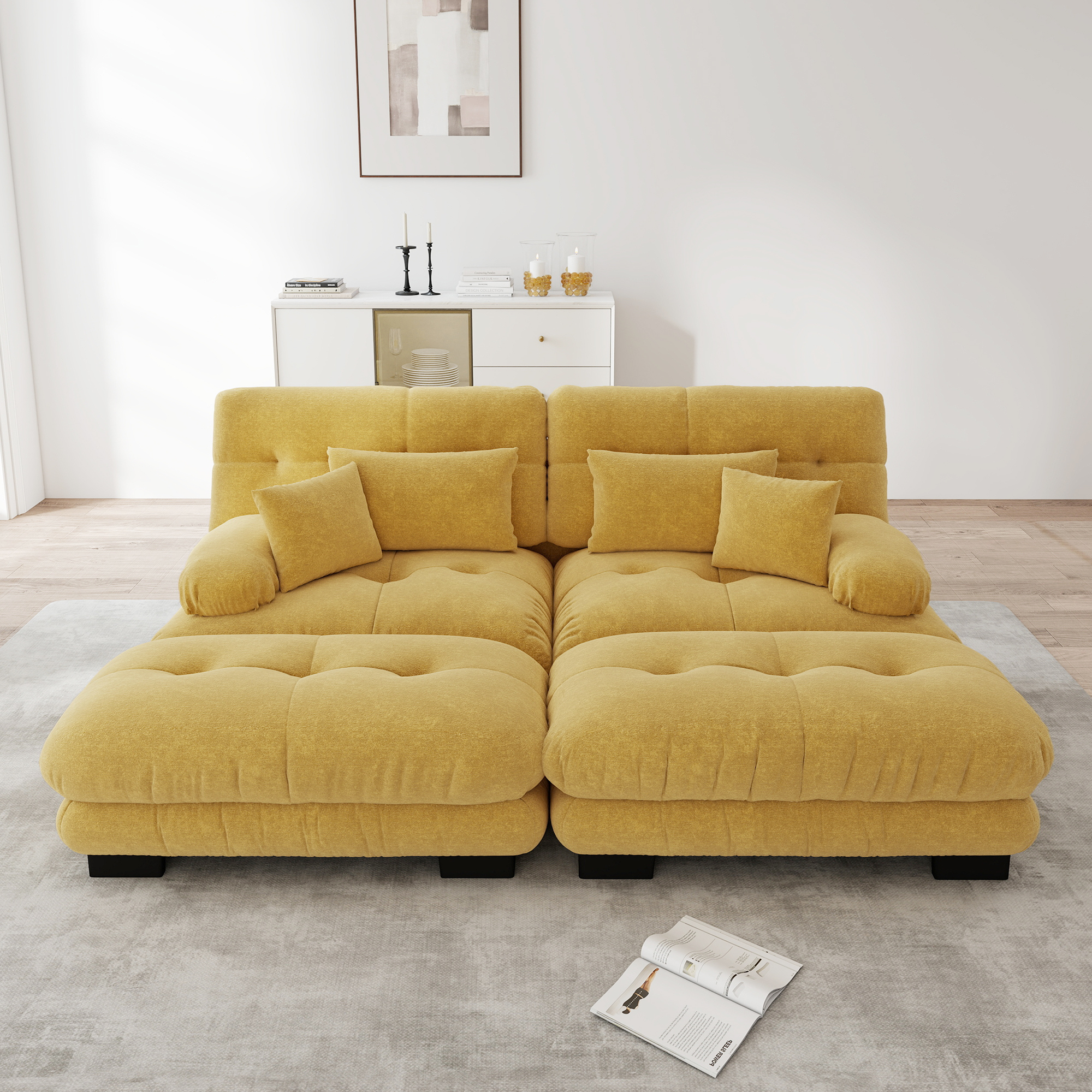 Canapé d'angle modulable en tissu Chenille jaune avec 2 Ottomans, Canapé Salon Confortable Large