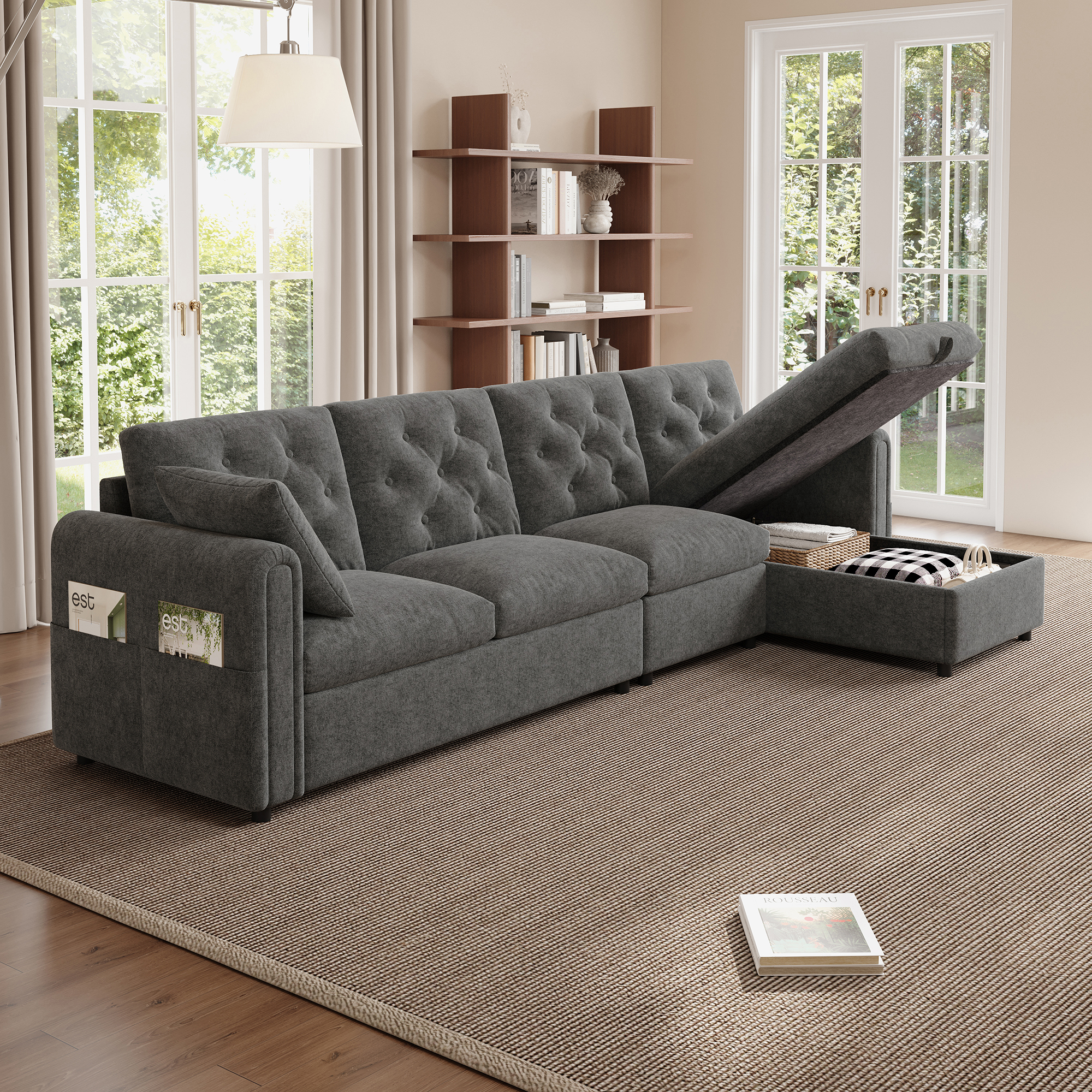 Canapé d'angle convertible en polyester et flanelle gris avec coffre et rangement latéral intégré