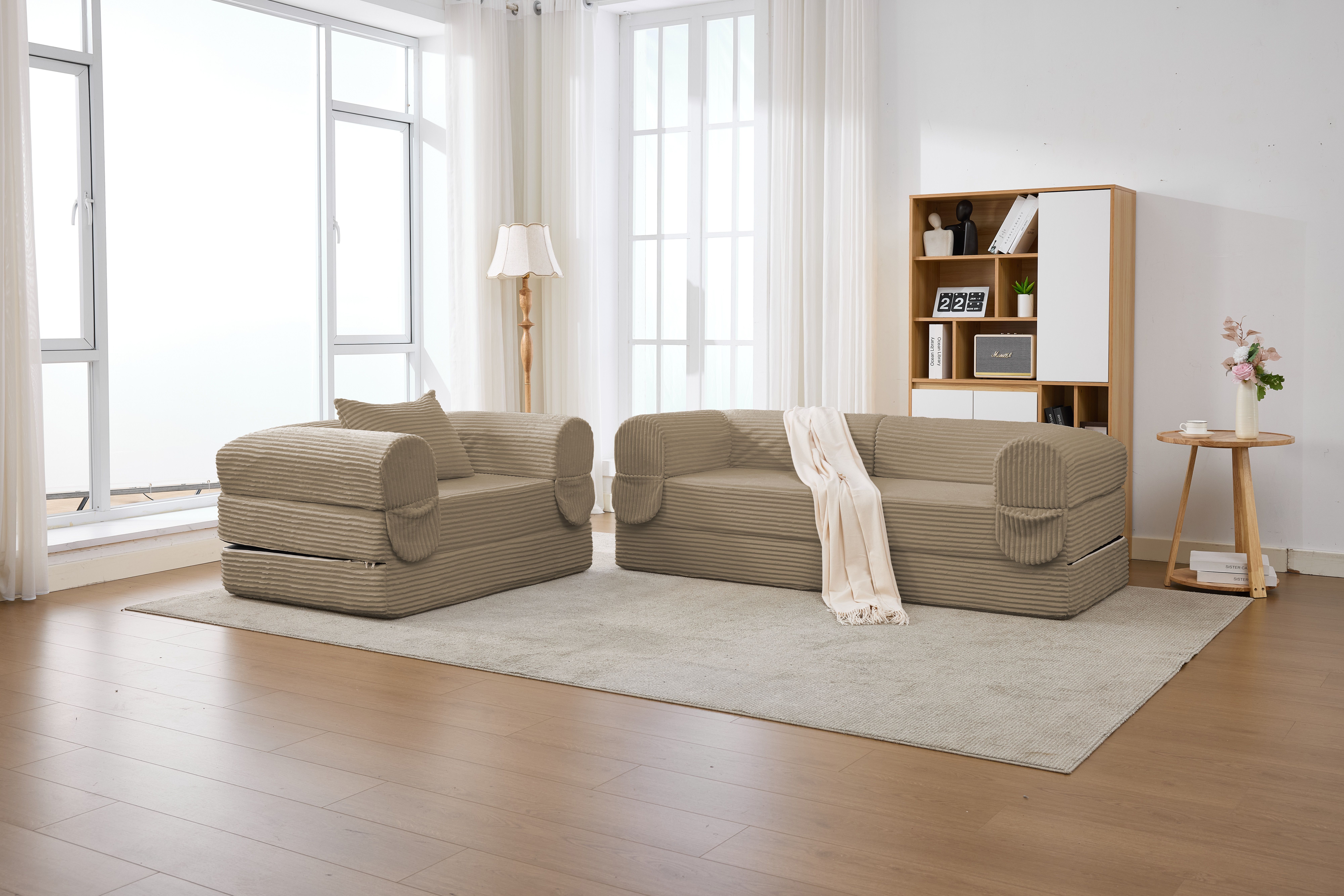 Canapé Modulable 2 Places Avec Rangement Intégré, Design Sans Cadre En Tissu Cord Côtelé Marron Pour Salon Compact Et Appartement