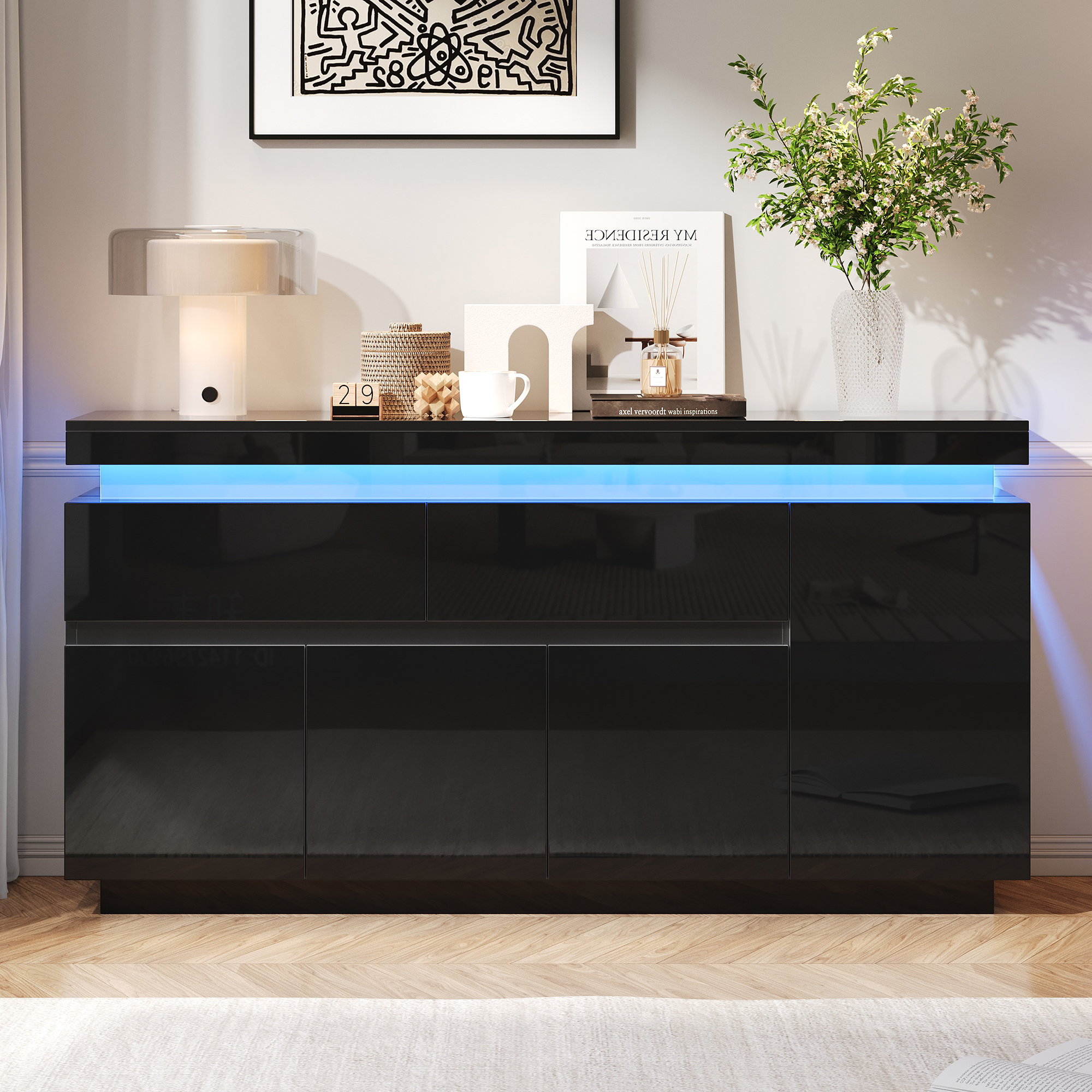 Buffet Noir Panneaux de Particules Haute Brillance, Meuble de Rangement avec 4 Portes, 2 Tiroirs et Étagères Réglables
