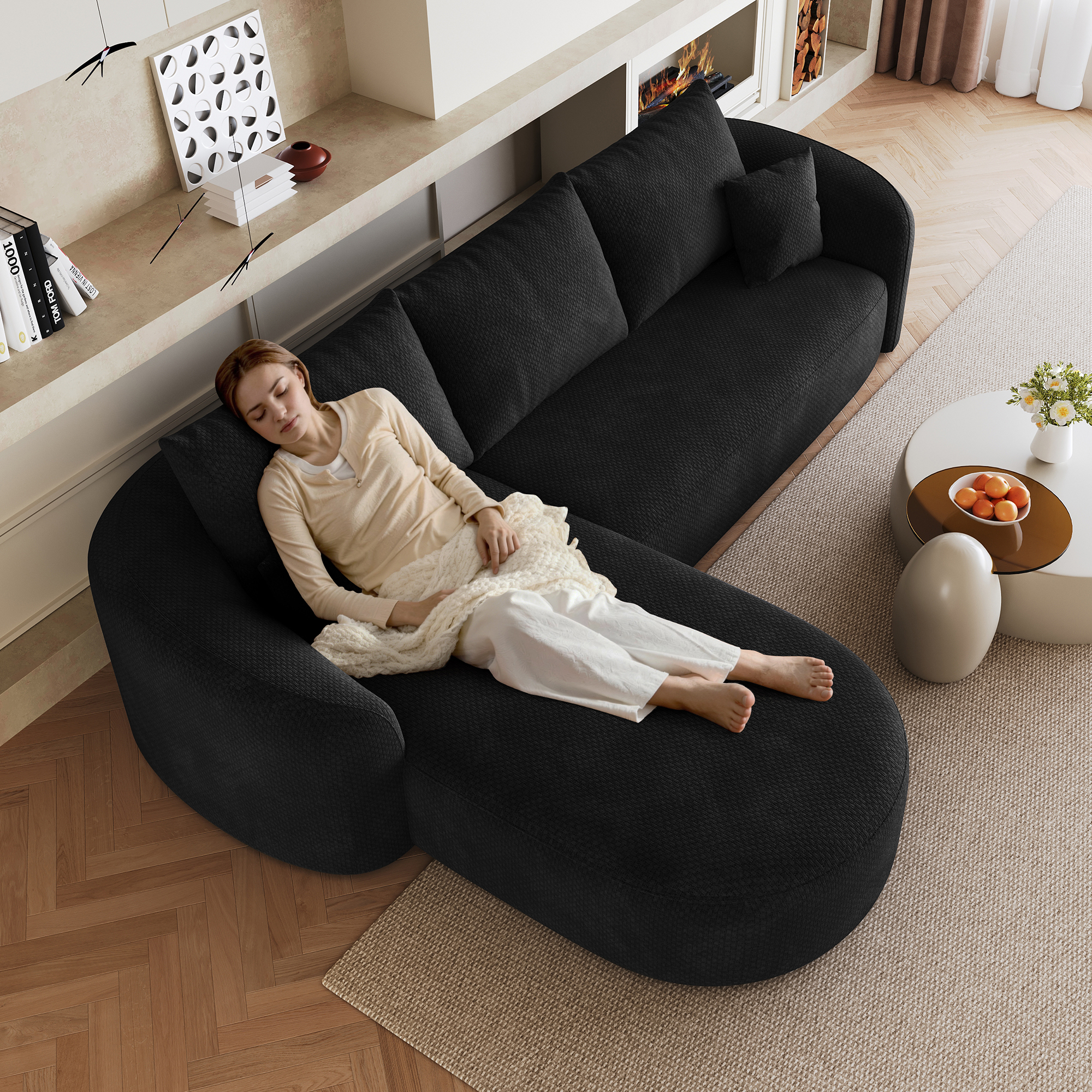 Canapé d'angle modulable 266x168x85 cm grande capacité structure boneless revêtement tissu noir
