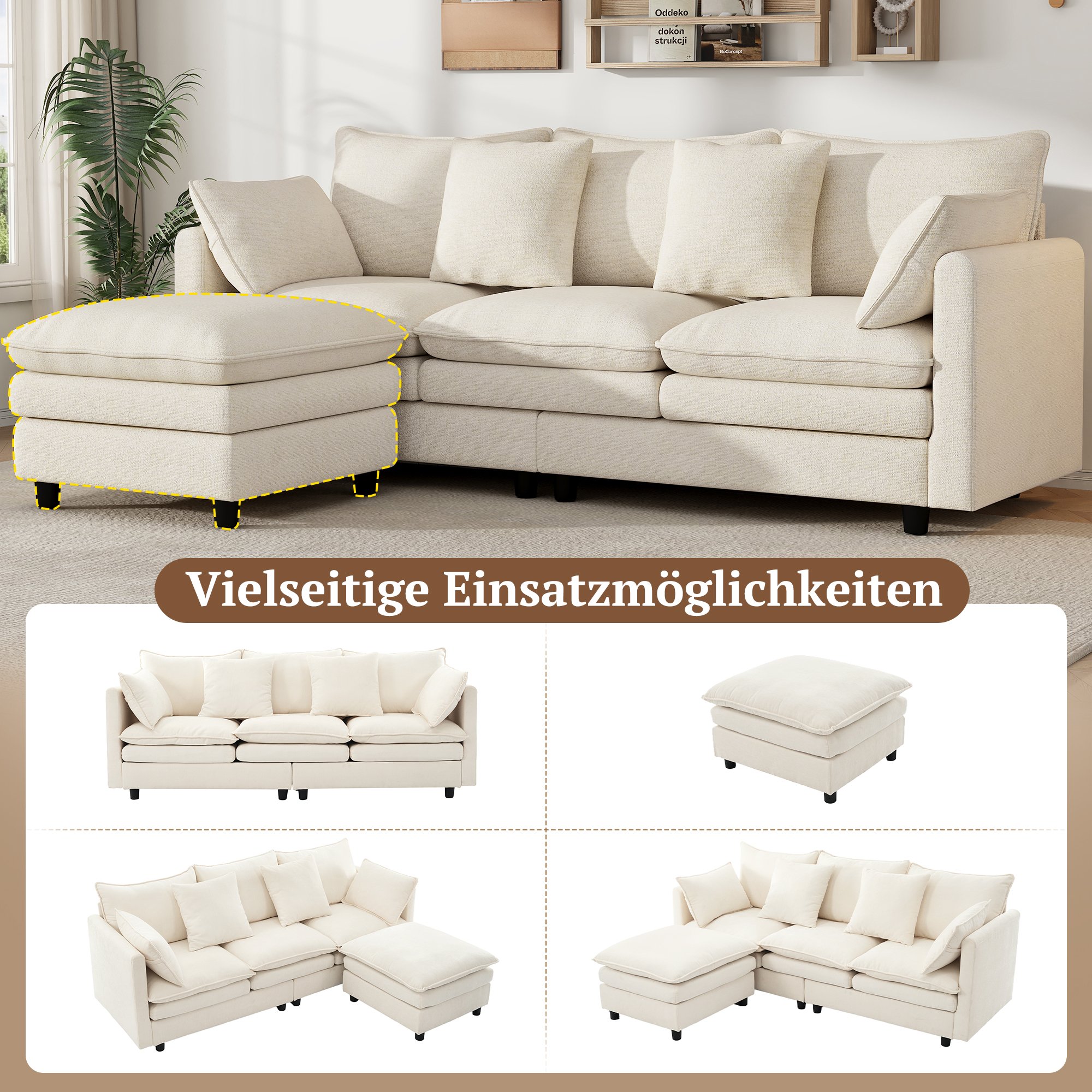 Canapé d'angle 3 places en chenille beige avec méridienne amovible, coussins décoratifs et structure stable pour salon moderne