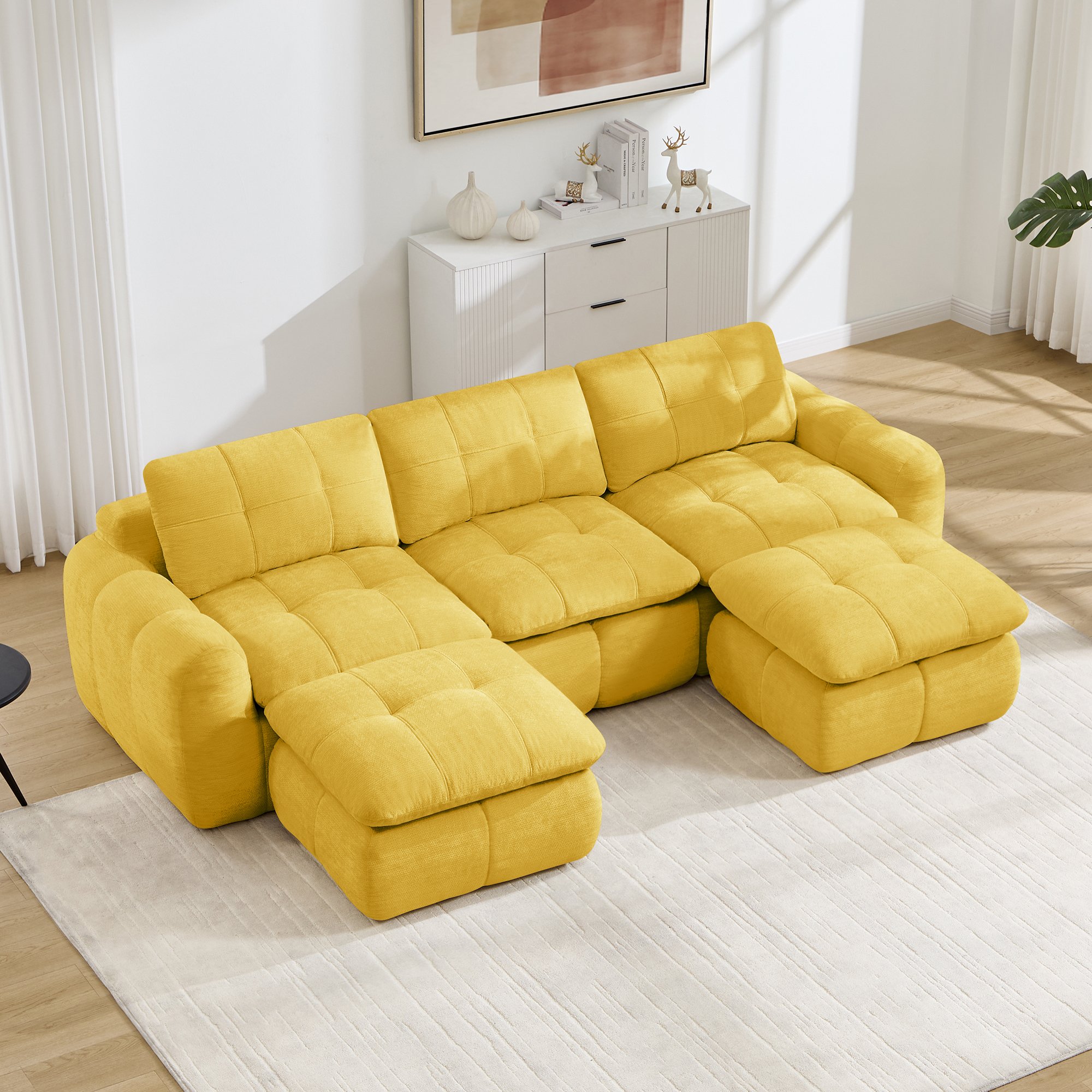 Canapé sans montage jaune chenille, confort nuageux mousse 32D, modules libres à combiner avec ottomans inclus, idéal petits espaces