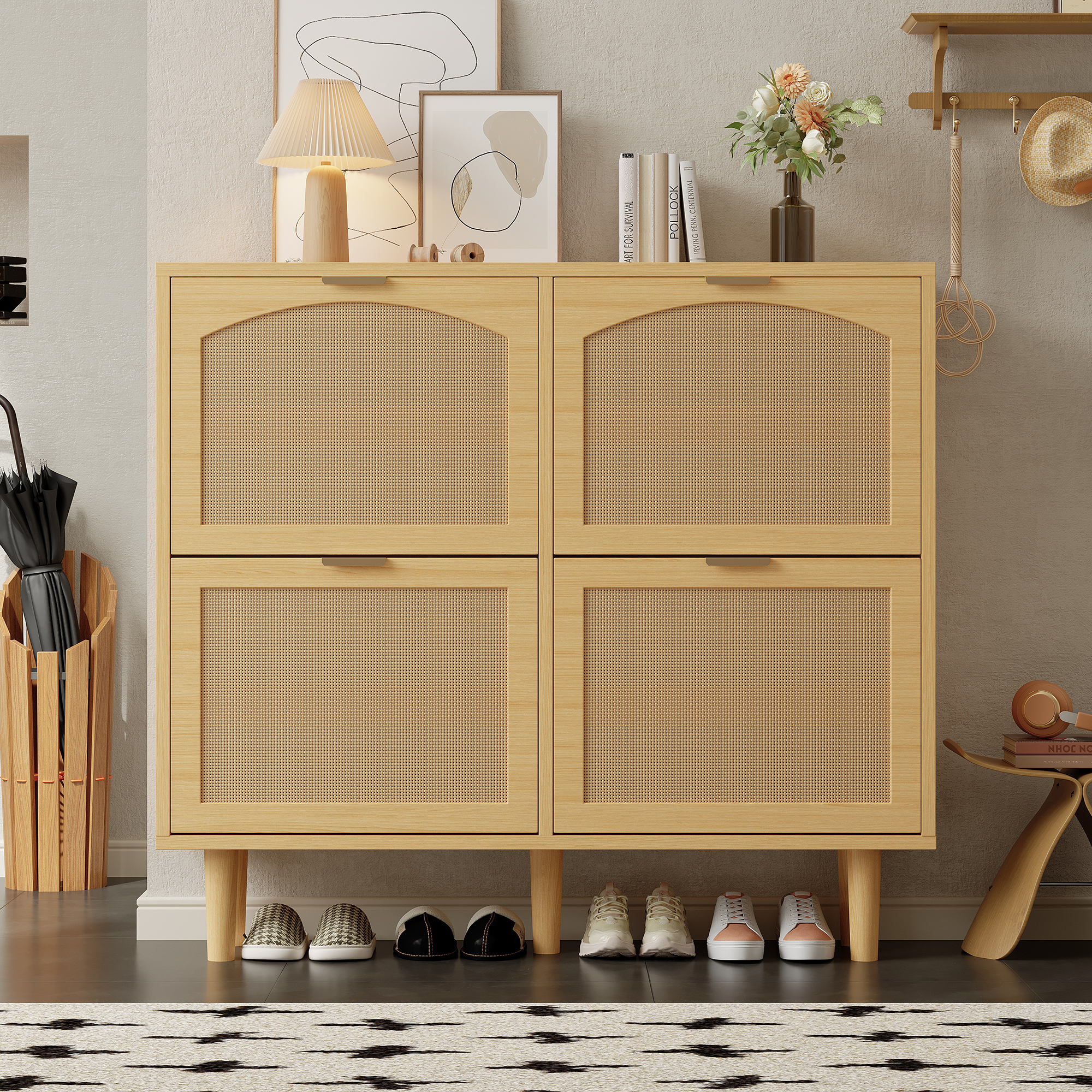 Meuble à chaussures avec portes pliantes, Placard rotin design campagne pour couloir étroit, Rangement chaussures chêne clair