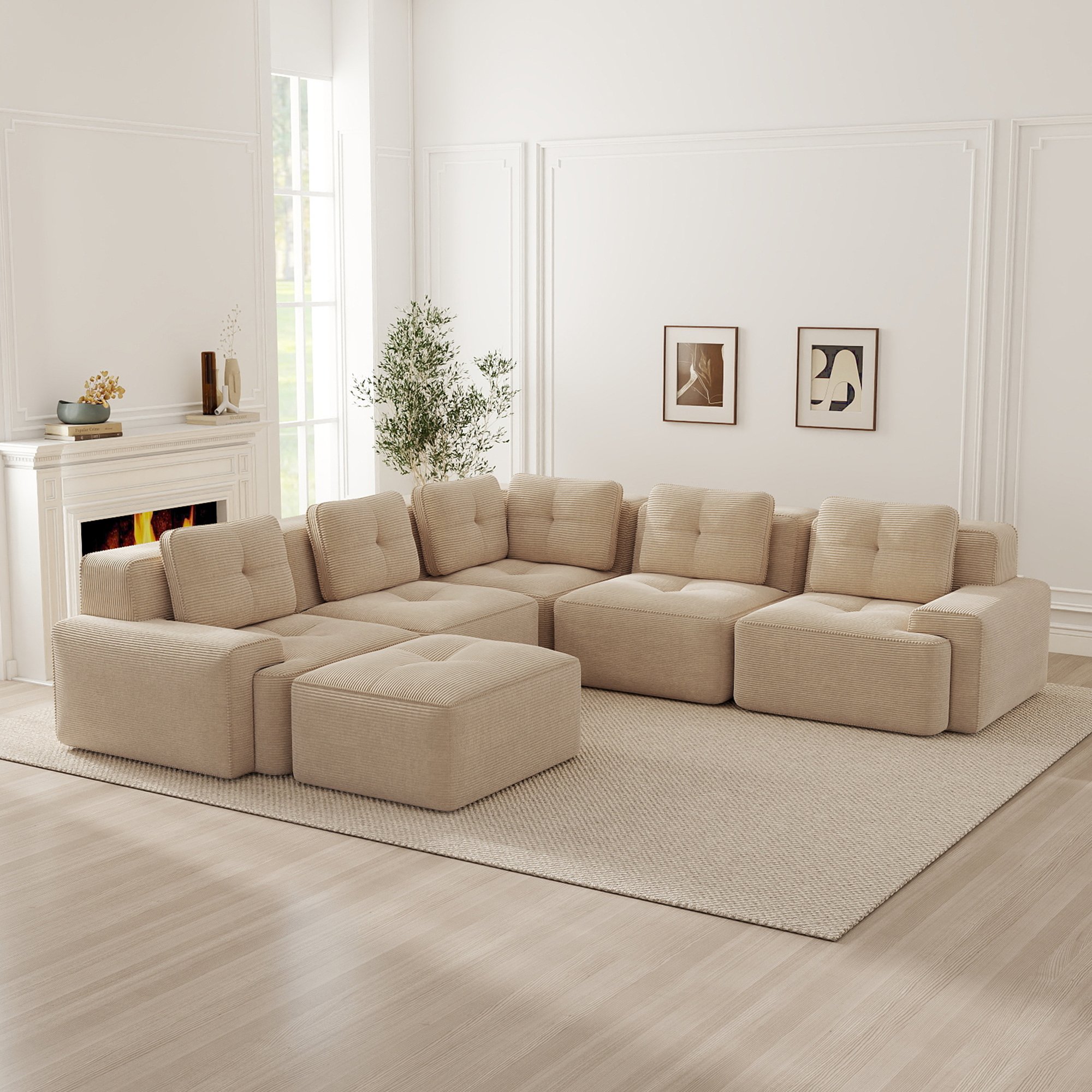 Canapé d'angle modulable sans cadre en corduroy beige, profondeur 74cm, mousse haute densité, aucune installation requise, style contemporain