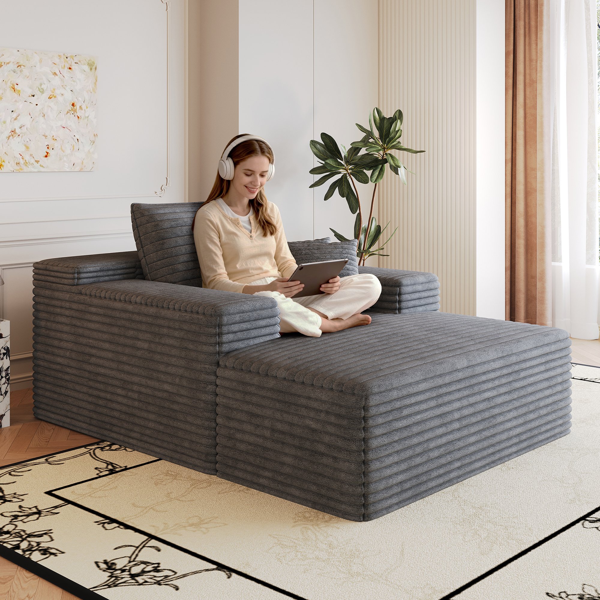 Canapé droit 115x159 cm en tissu velours côtelé gris foncé, assise profonde sans montage, mousse haute élasticité et design moderne pour le salon ou la chambre à coucher.