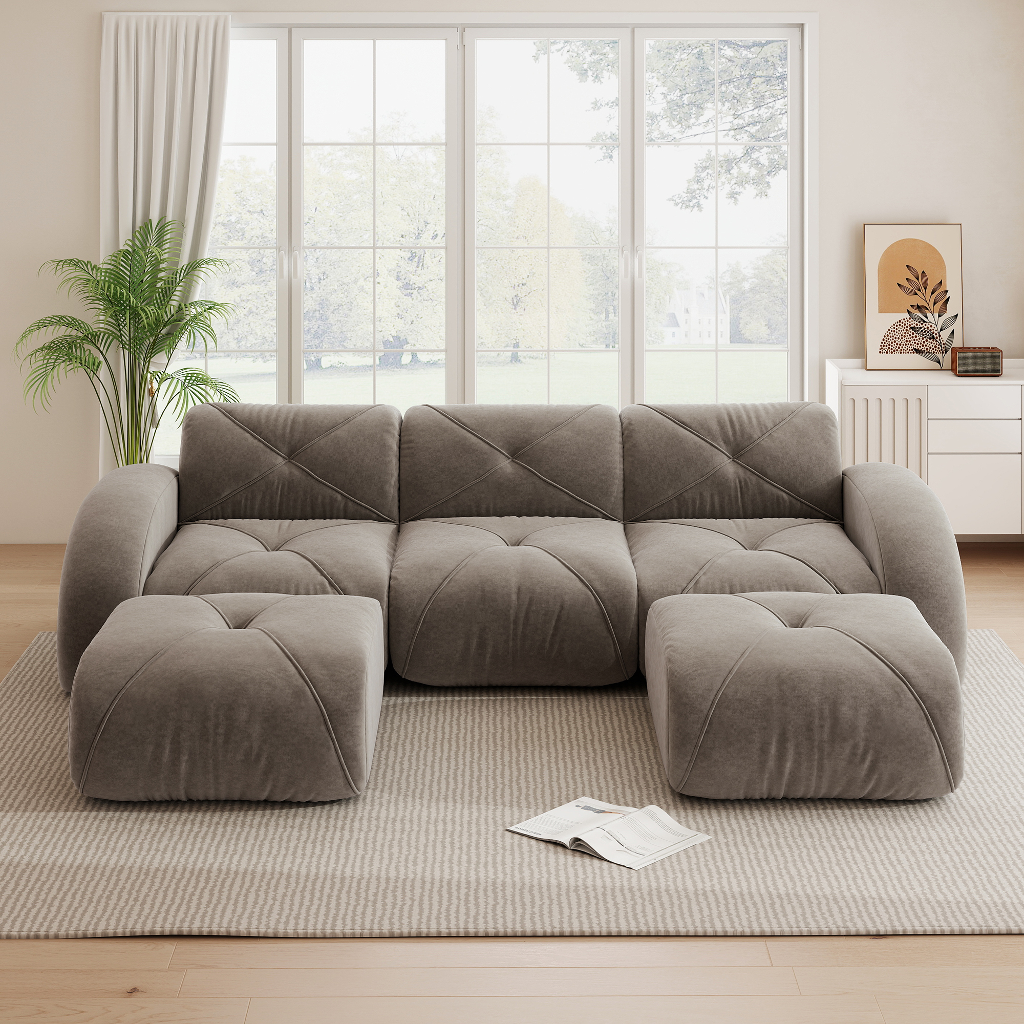 Canapé modulable 3 places en forme de U, revêtement Chenille couleur Taupe, design sans cadre pour salon moderne et élégant