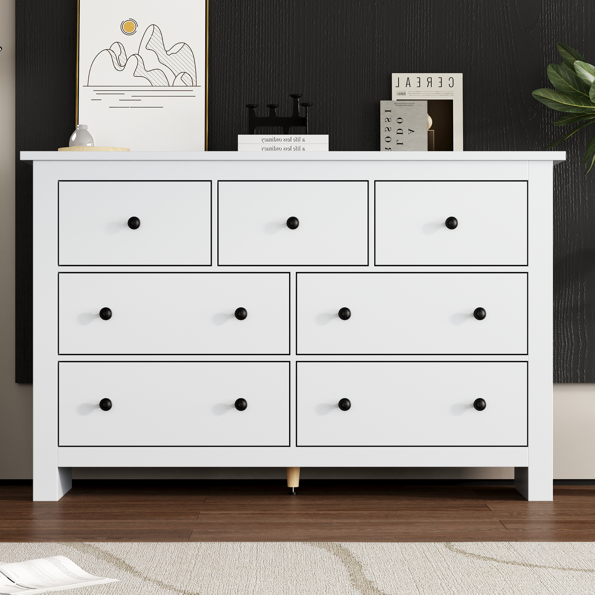 Buffet Blanc 7 Tiroirs Glissières Silencieuses Anti-Basculement Panneau de Particules 152x40x89 cm